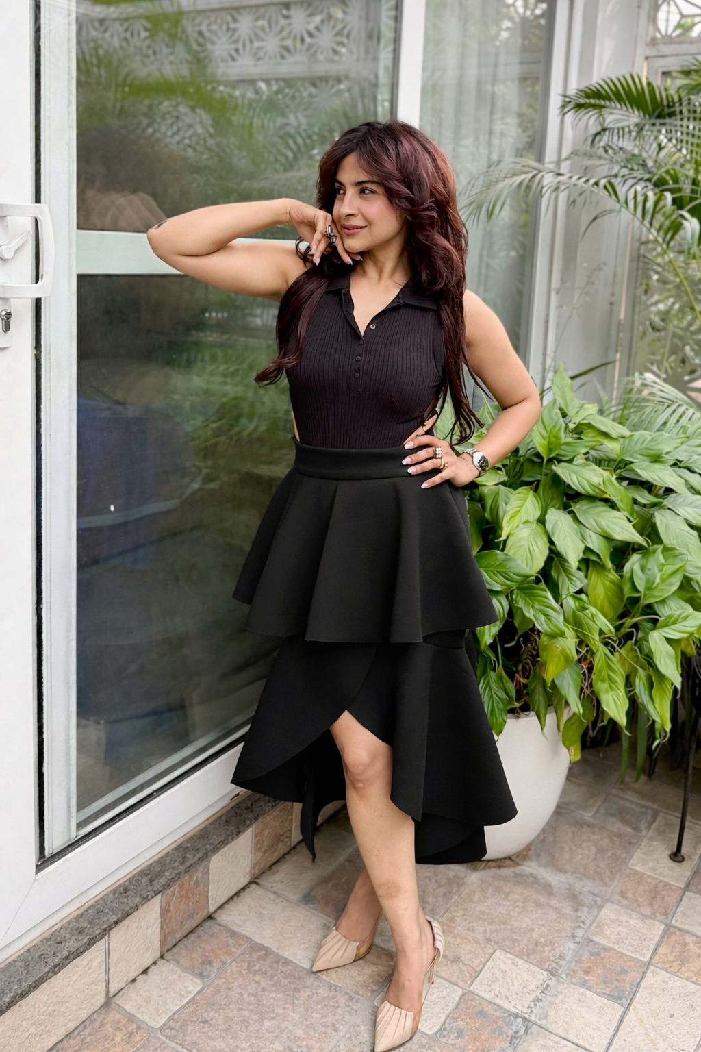 Ruffle Hi-Low Skirt in Black