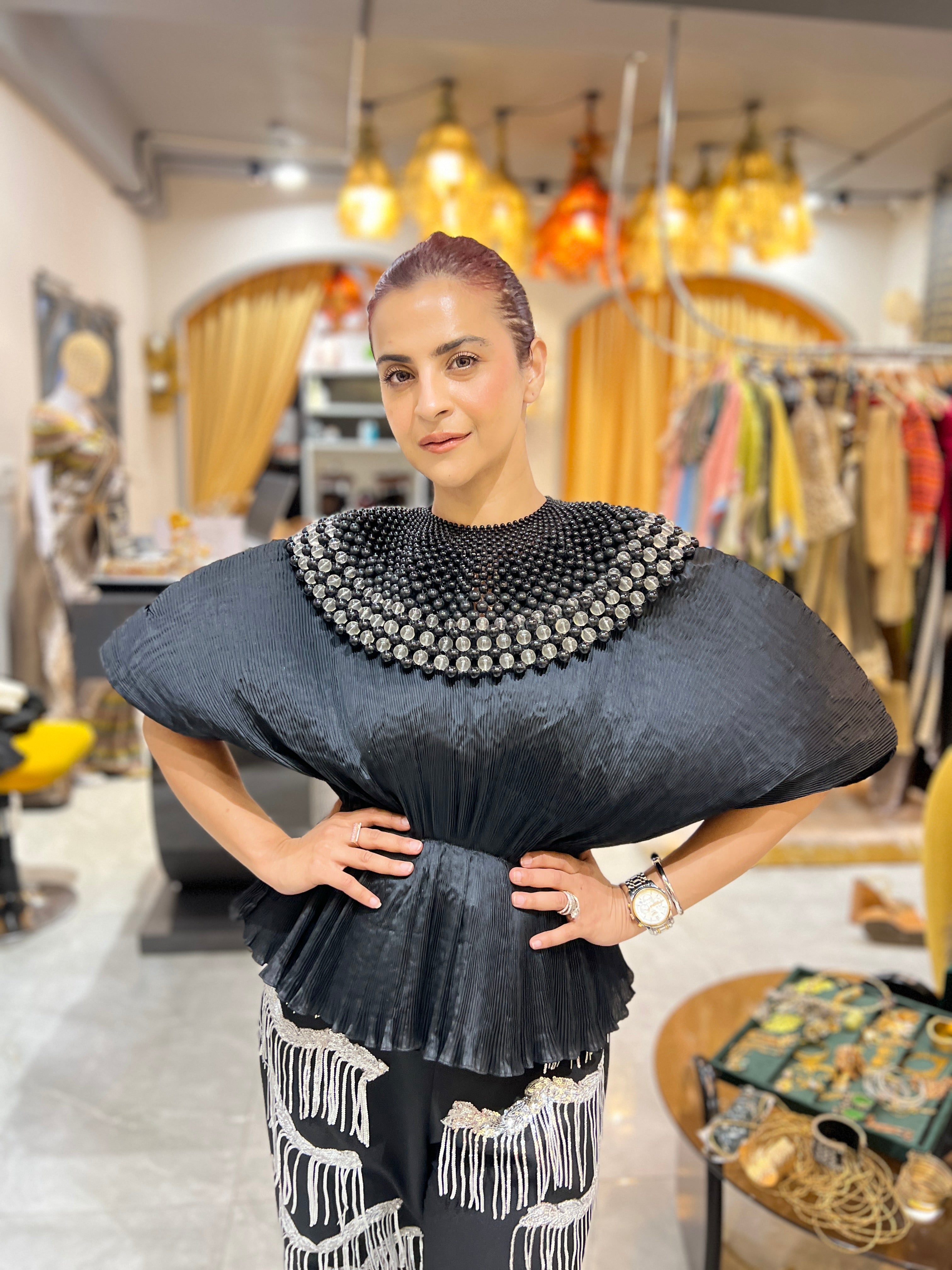 Black moon pants set with silver tassels with beaded cape