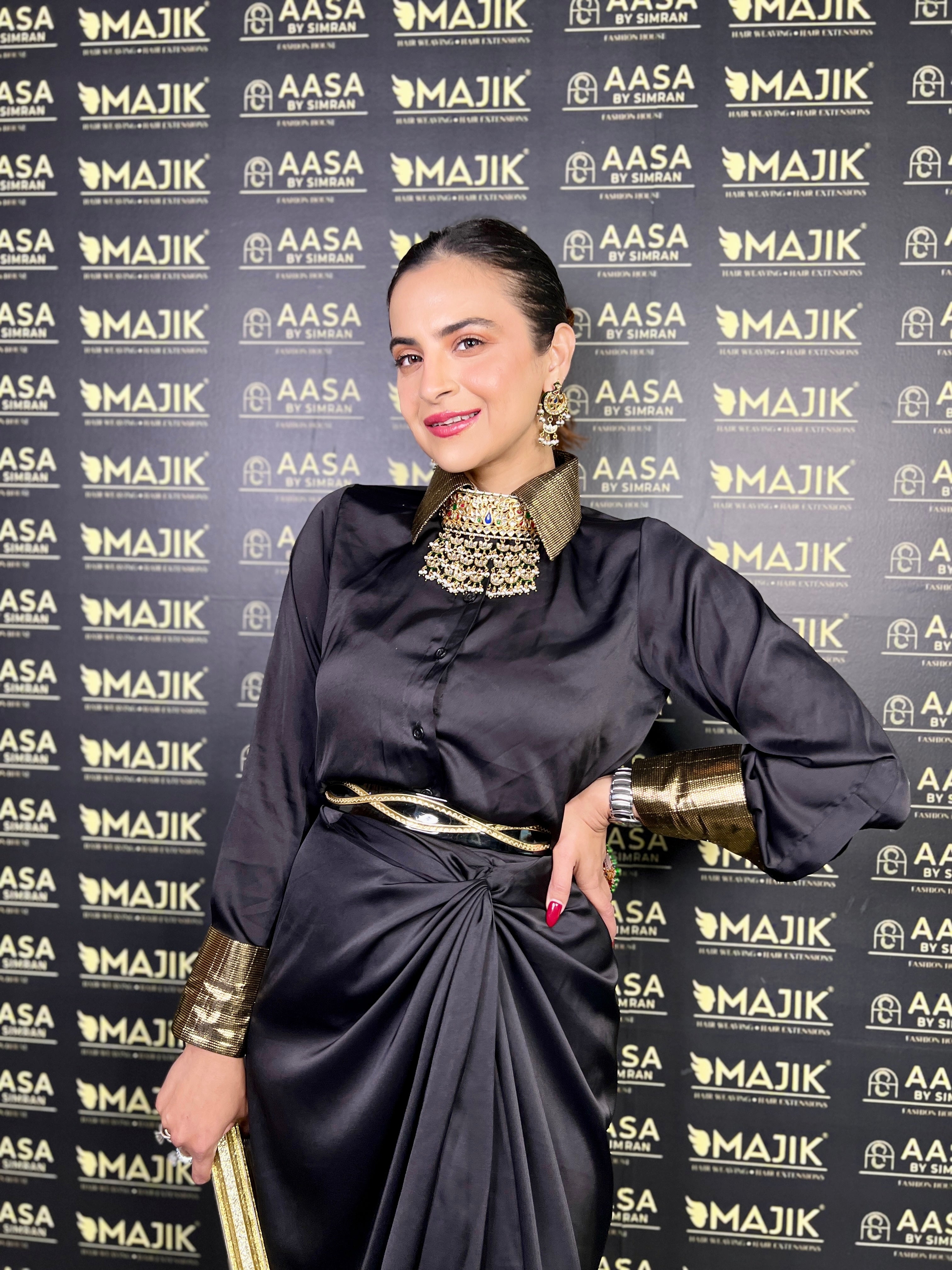 Black satin shirt & drape skirt set