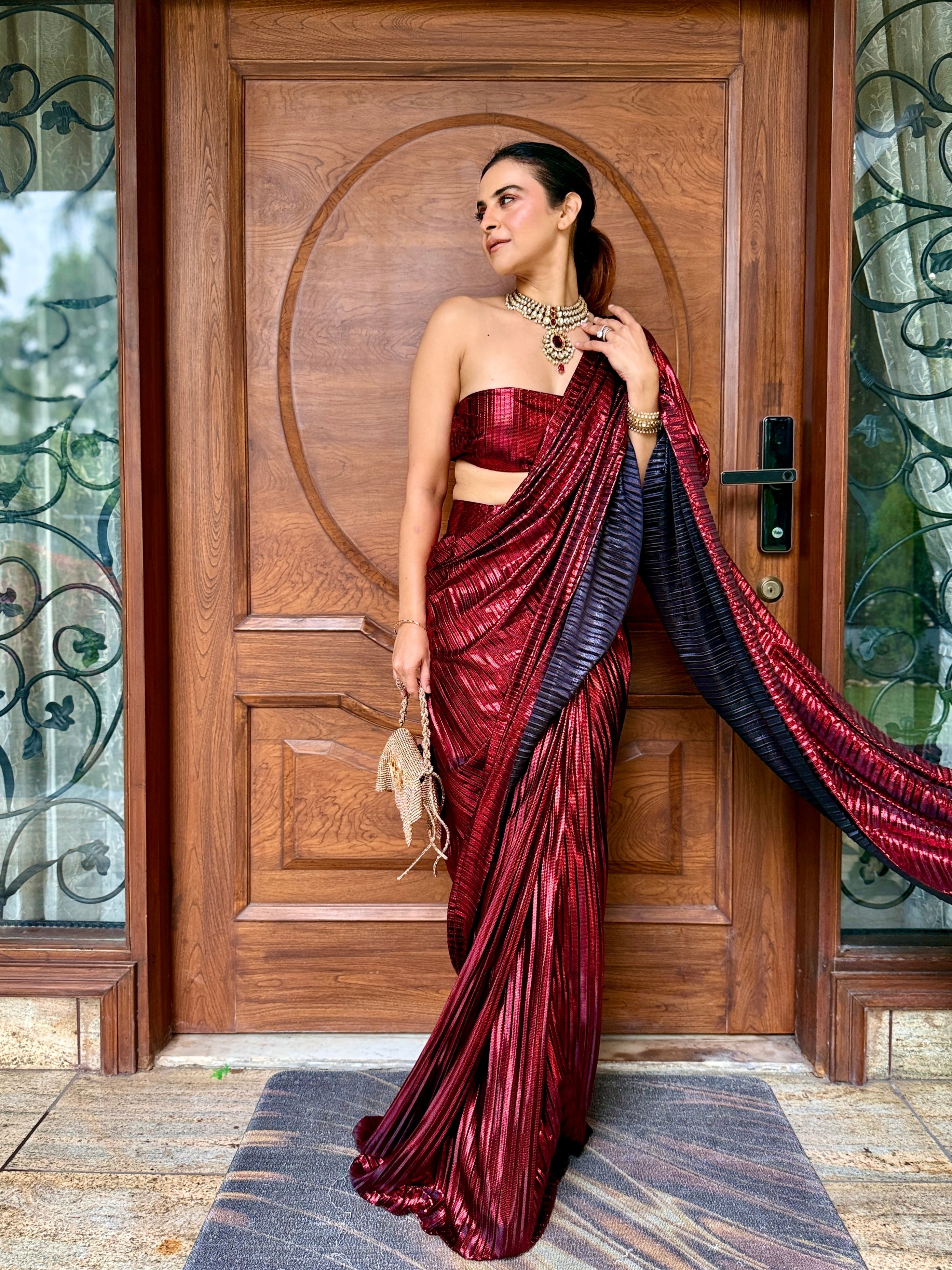 Venetian Red pre-draped saree set