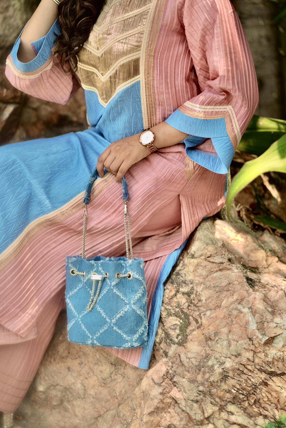 Denim blue peach farsi salwar set