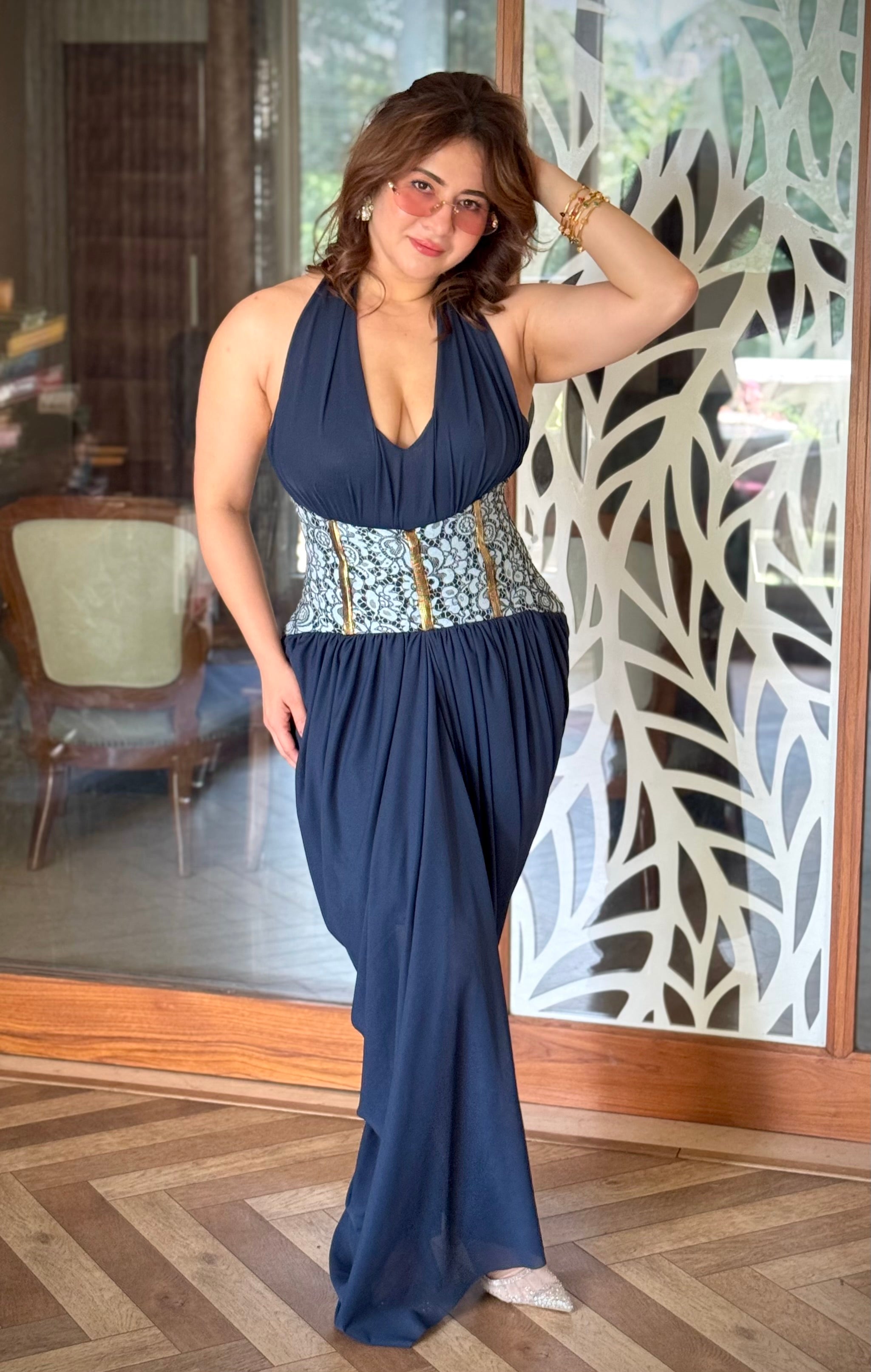 blue v neck corset Lycra gown