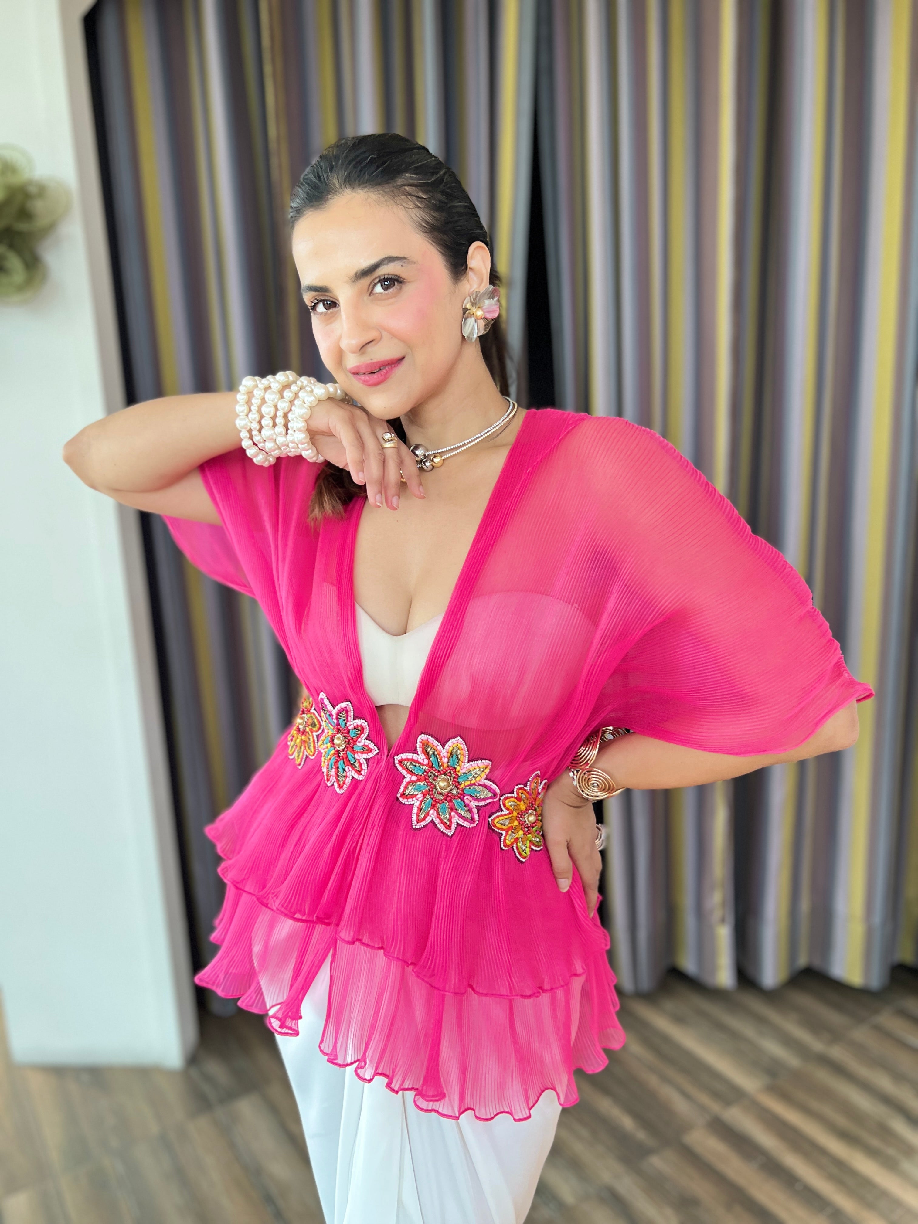 Valentino pink embroidered layered armani silk skirt set