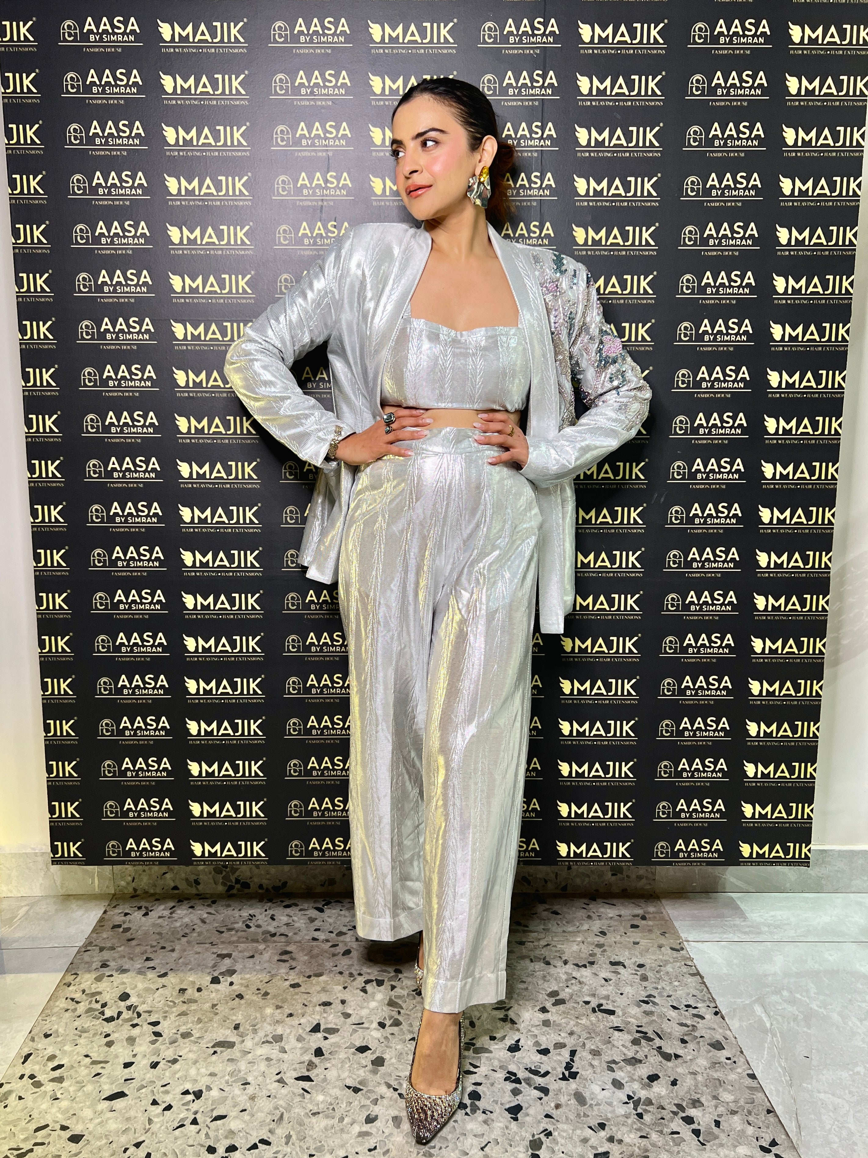 Liquid white silver power blazer pants set