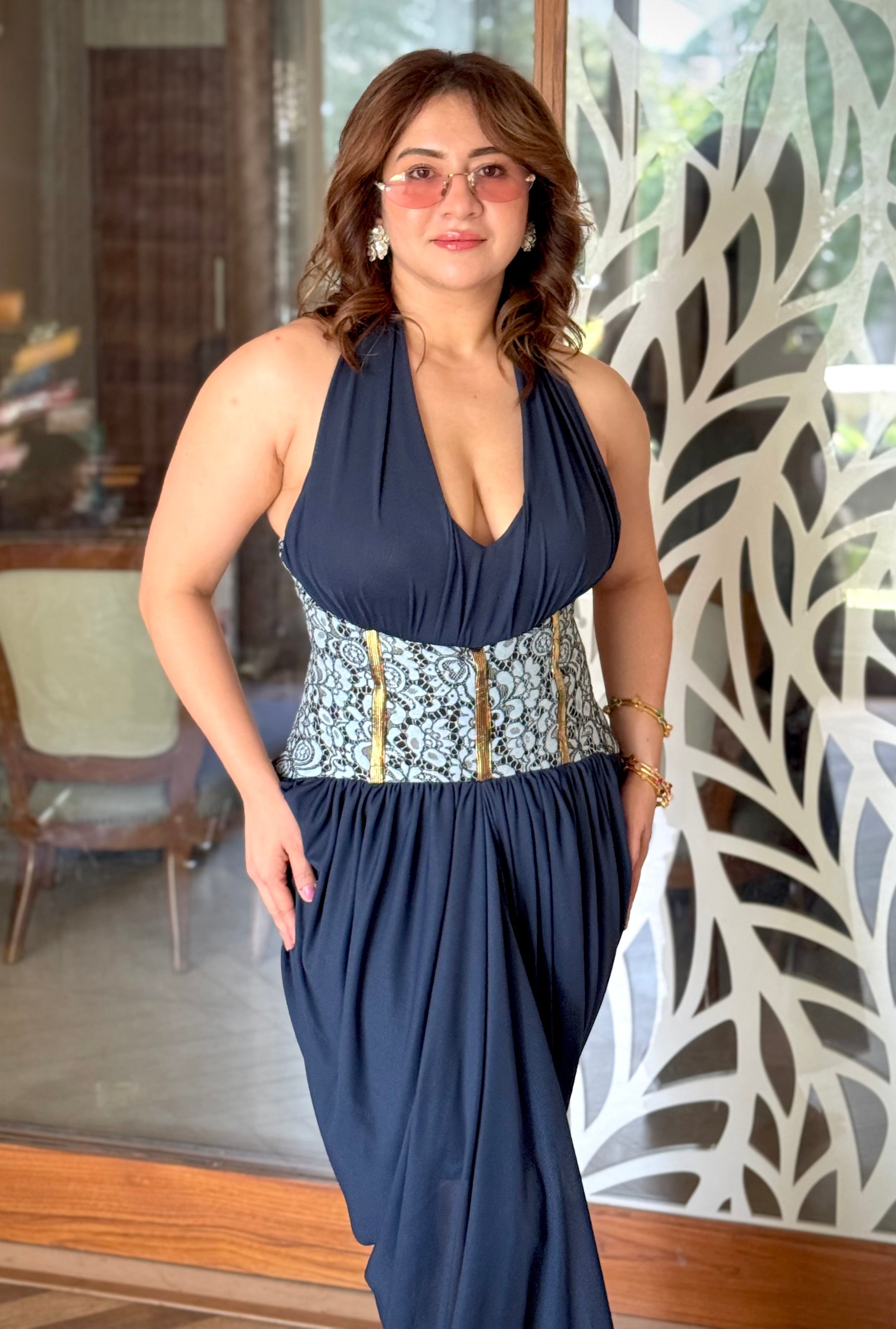 blue v neck corset Lycra gown