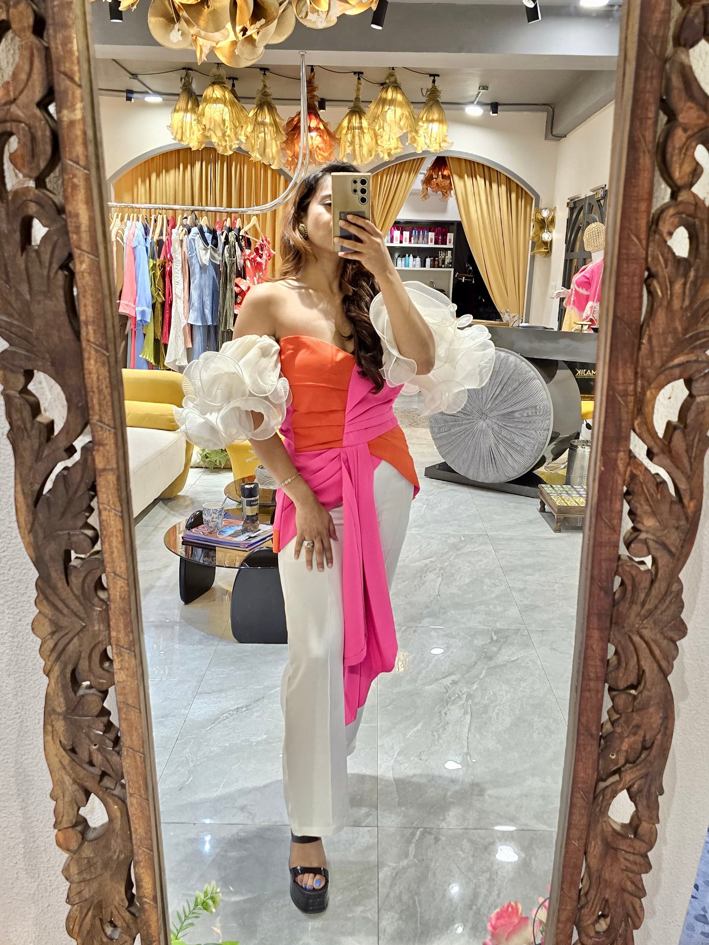 Pink & purple shoulder ruffle tube top