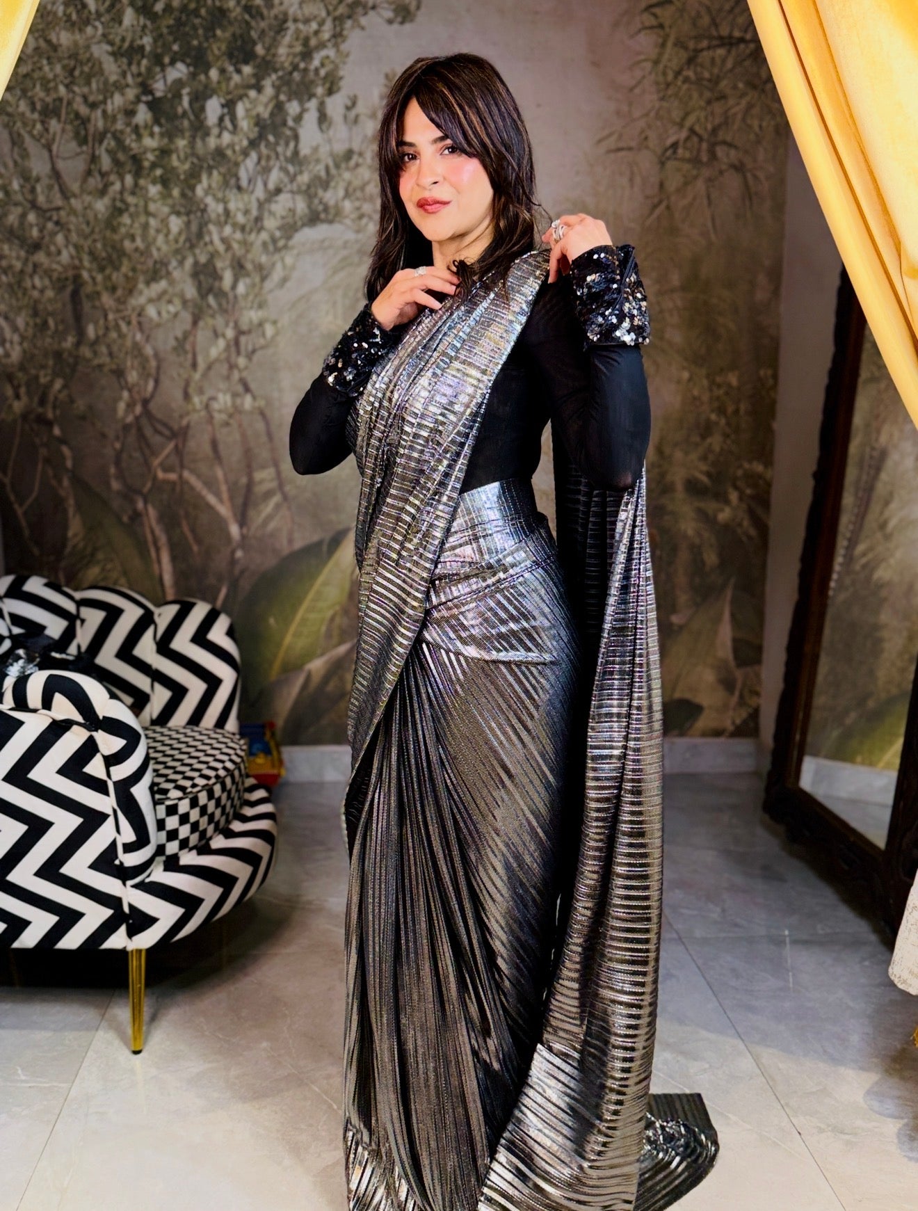 Silver power drape saree with mesh shirt set