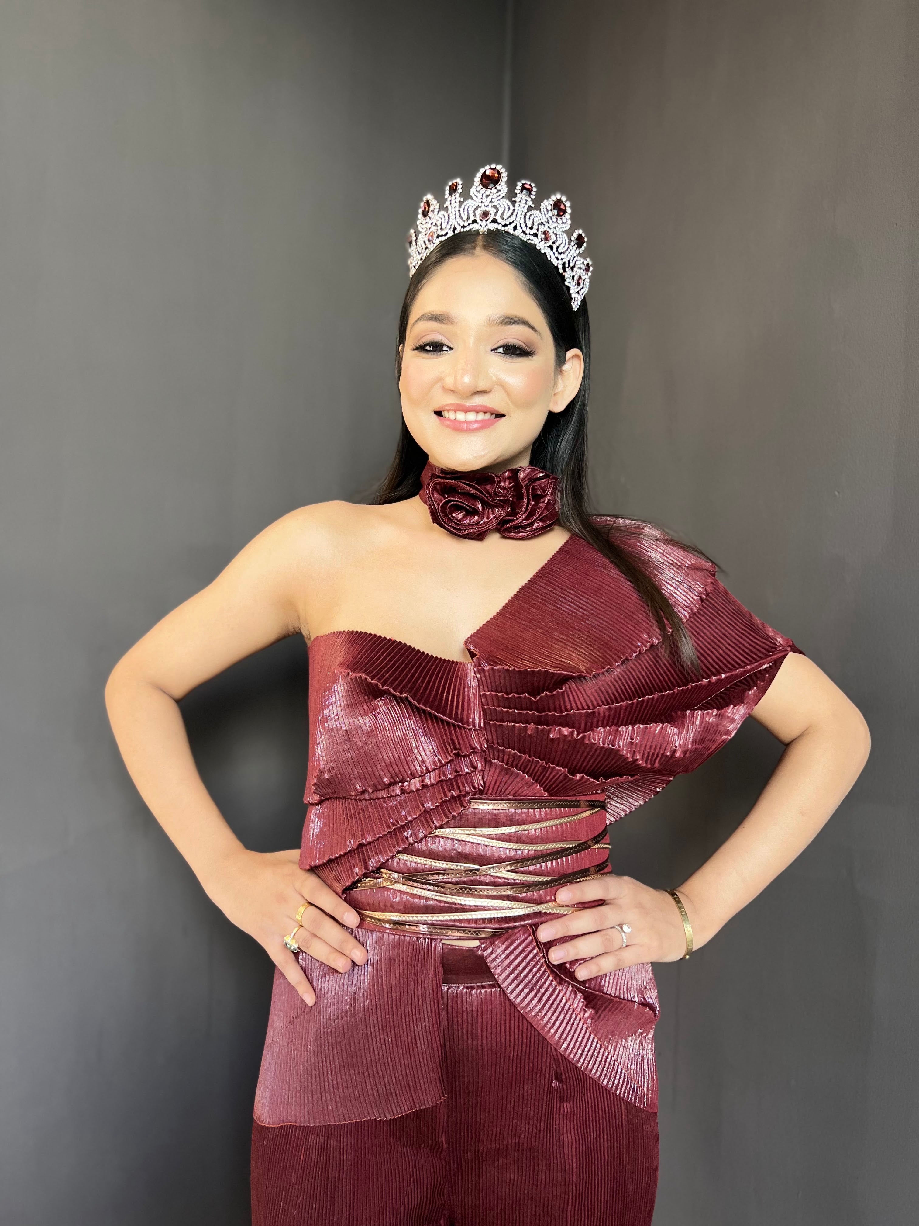 maroon shimmer multidrape pants set