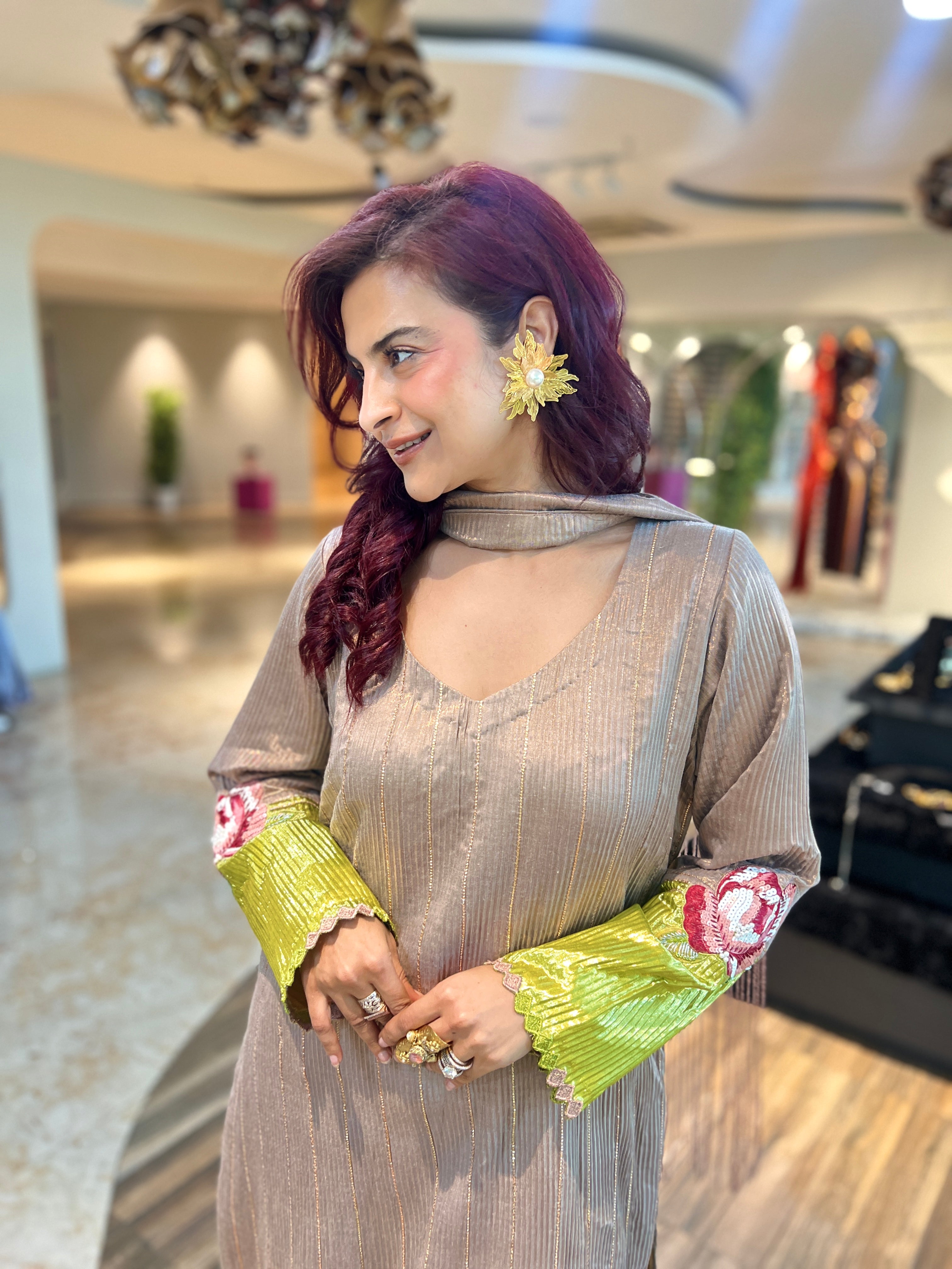 Zuri beige green shimmer gota striped suit set