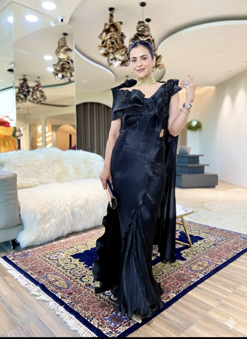 Black lustre shimmer multi drape saree set