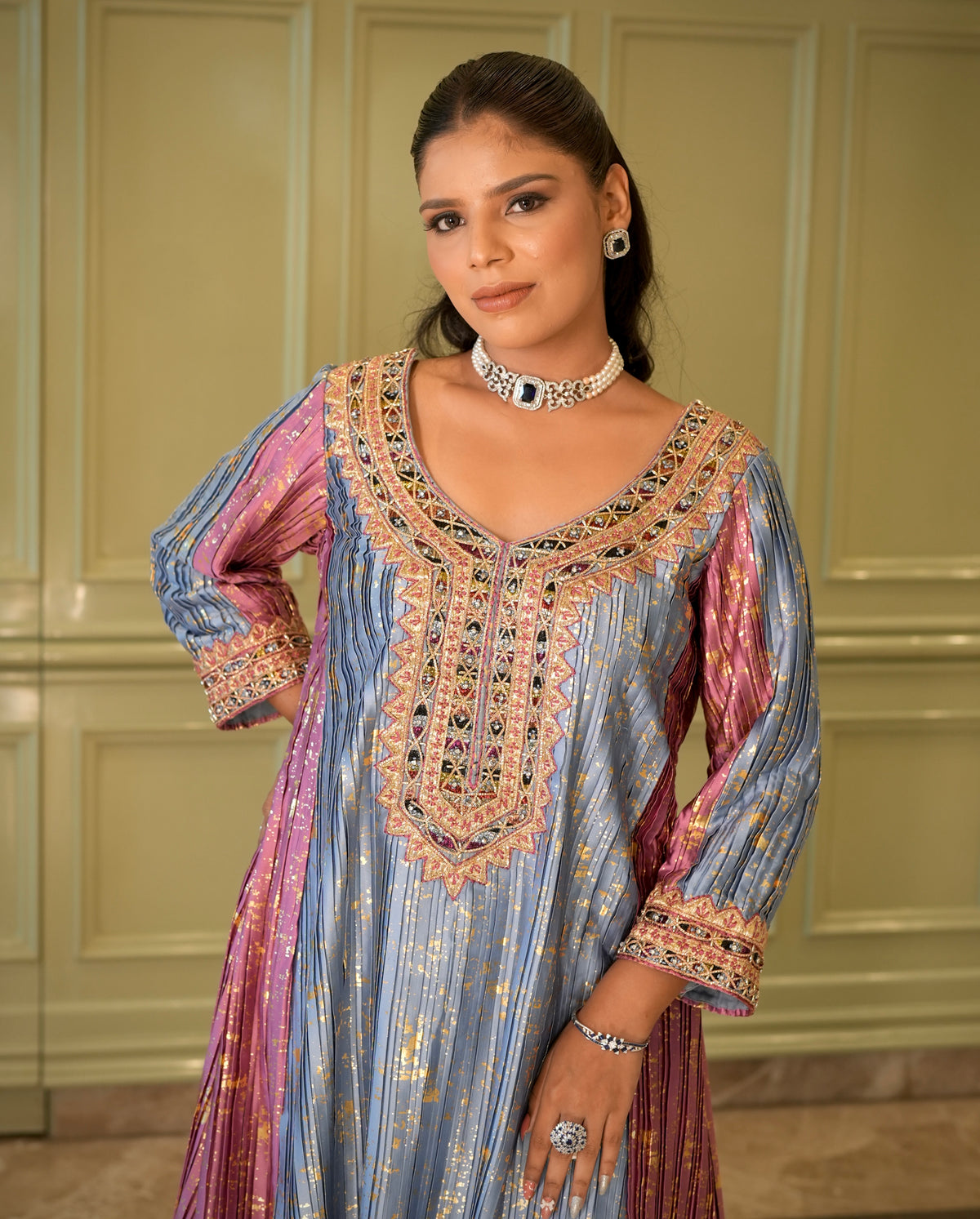 Anarkali suit with dupatta in Pink and Blue