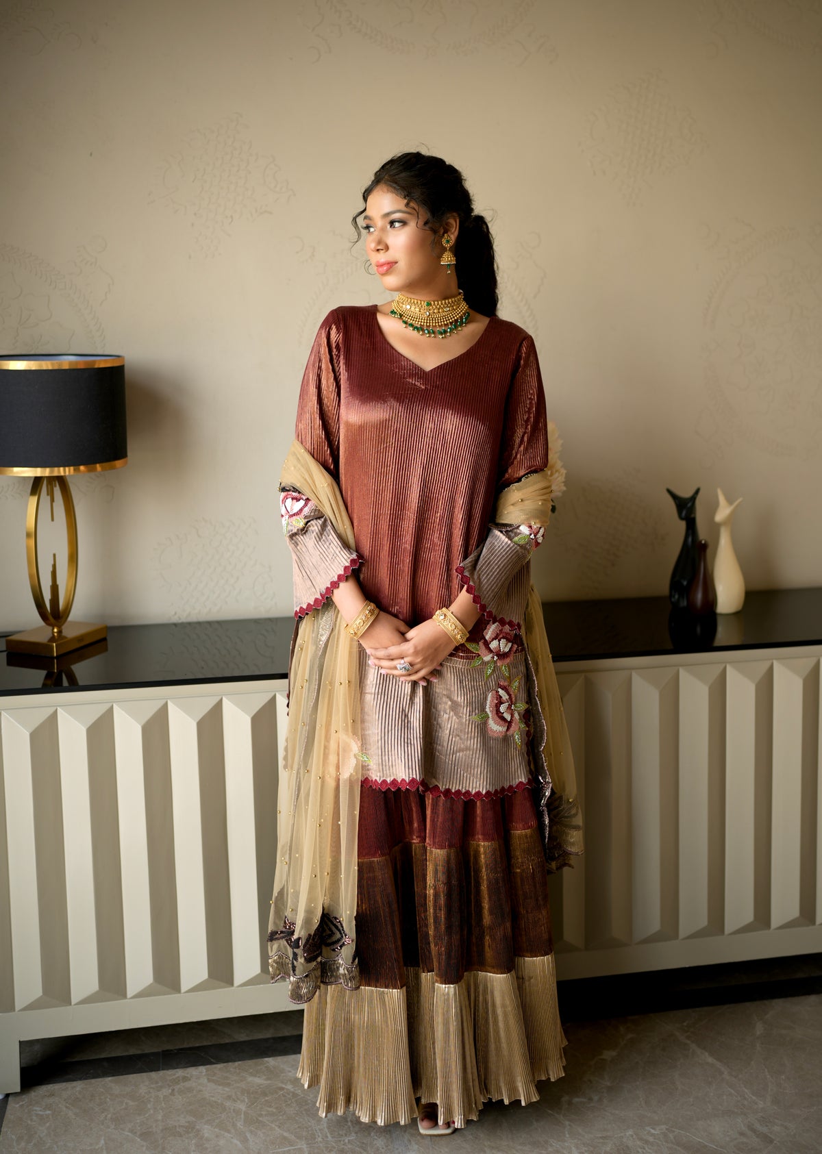 Cinnamon Rust Embroidered Kurta with Garara and Dupatta
