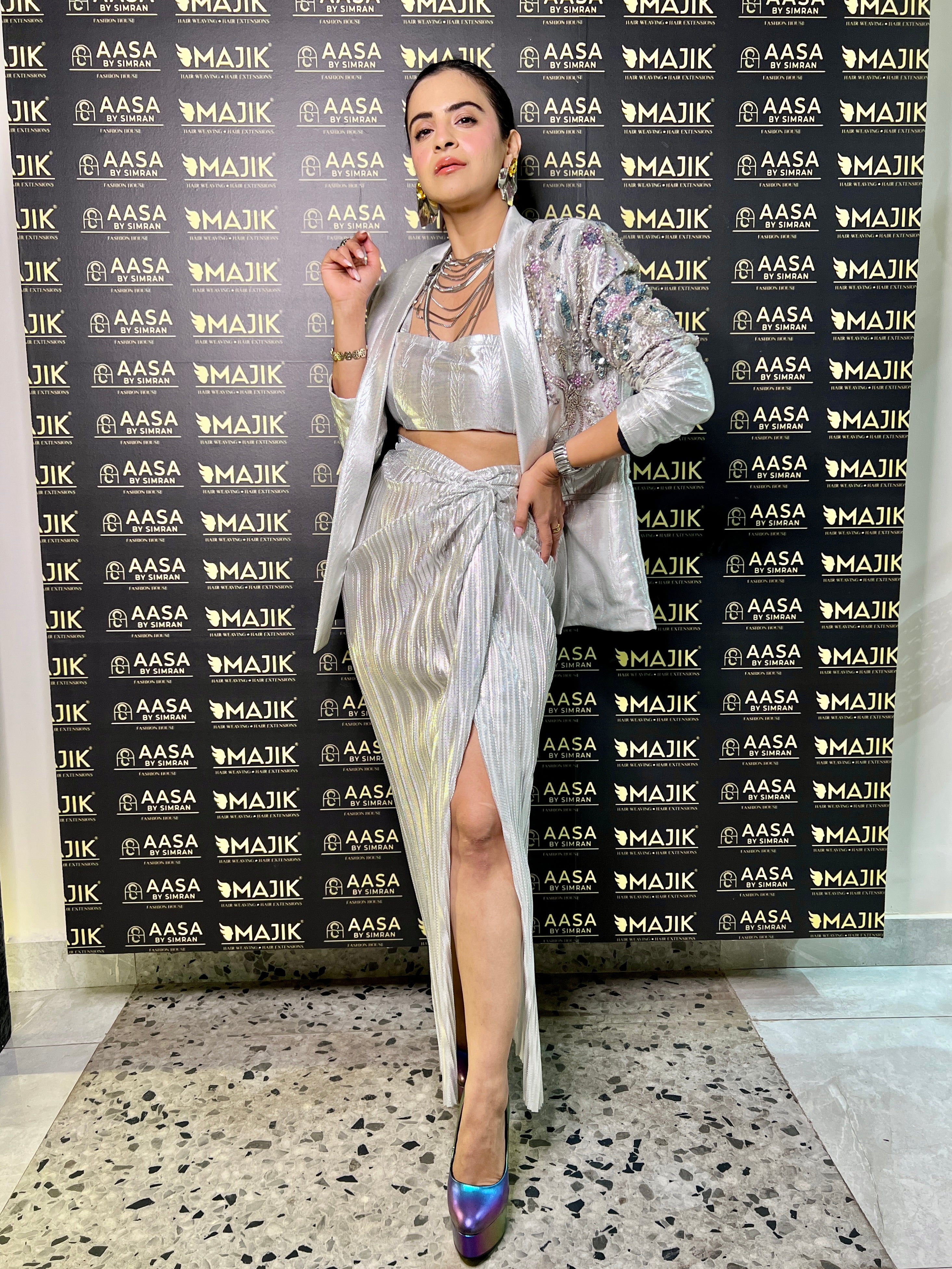 Liquid white silver drape skirt