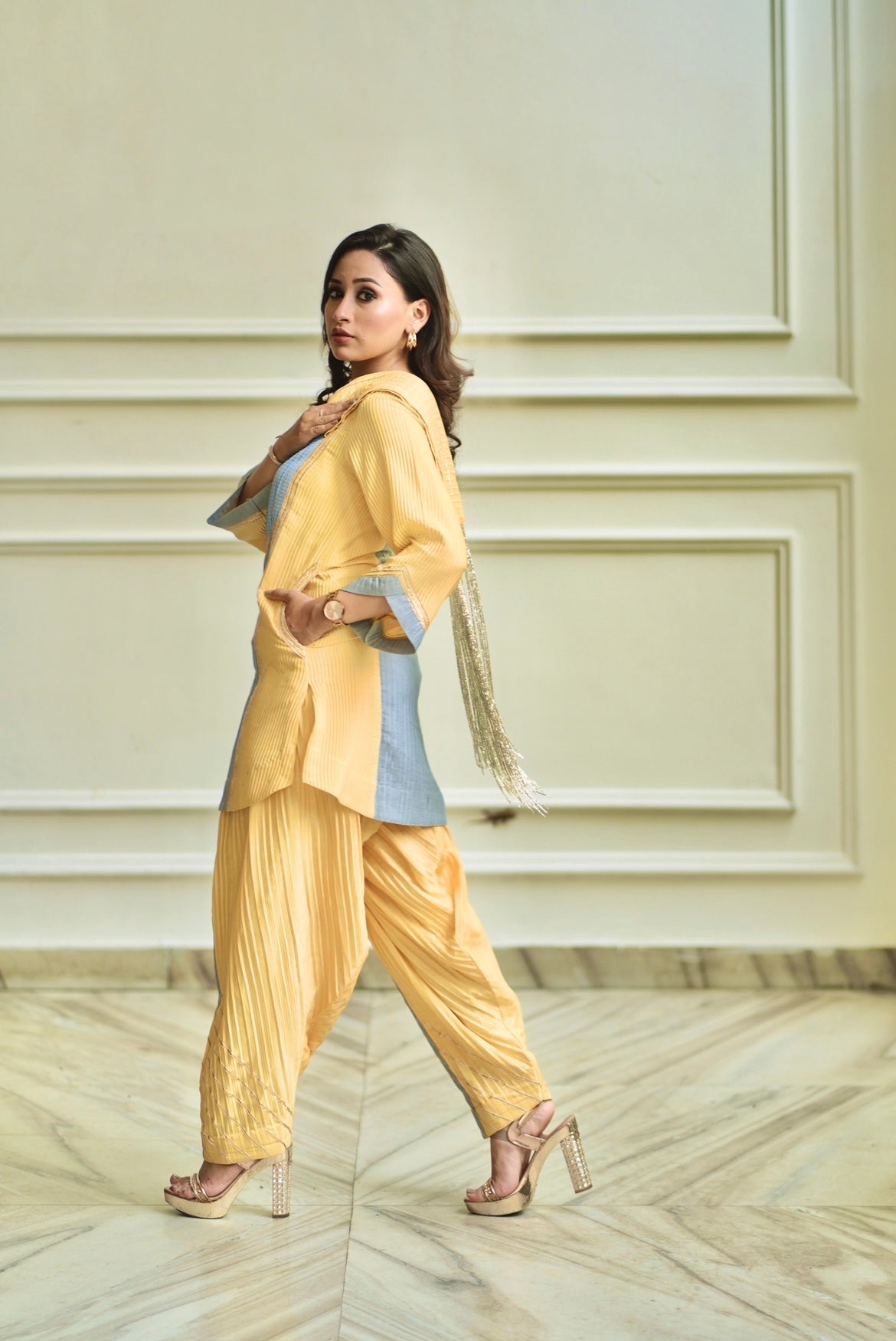 Denim blue yellow farsi salwar set