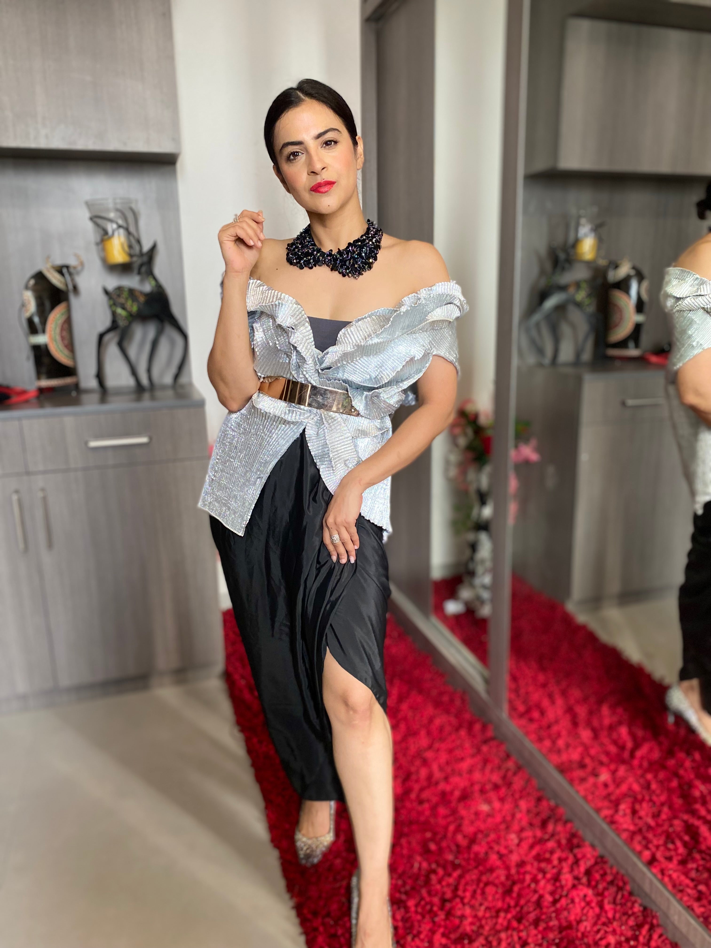 Silver shimmer multi drape dhoti skirt set