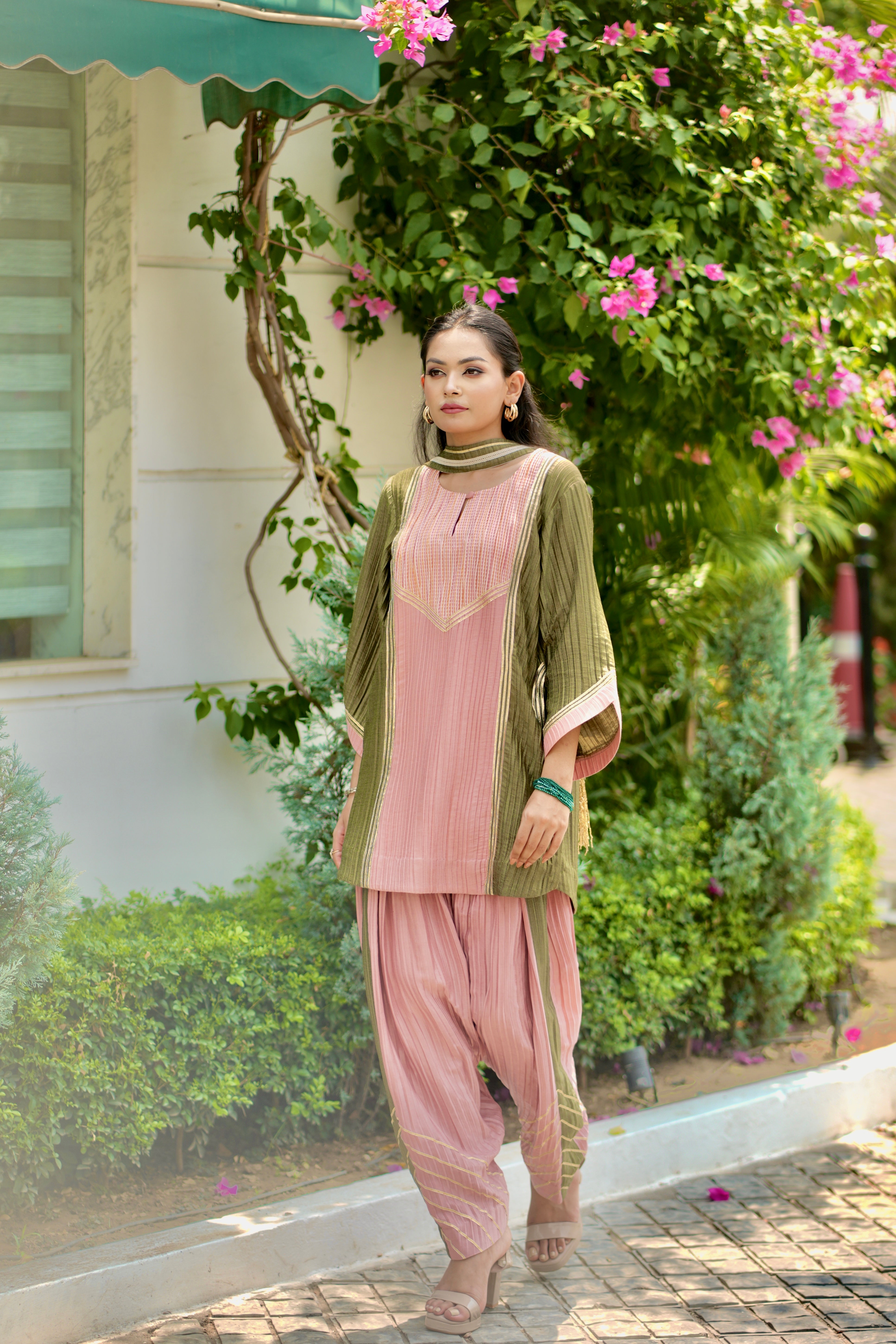 Denim peach olive green farsi salwar set
