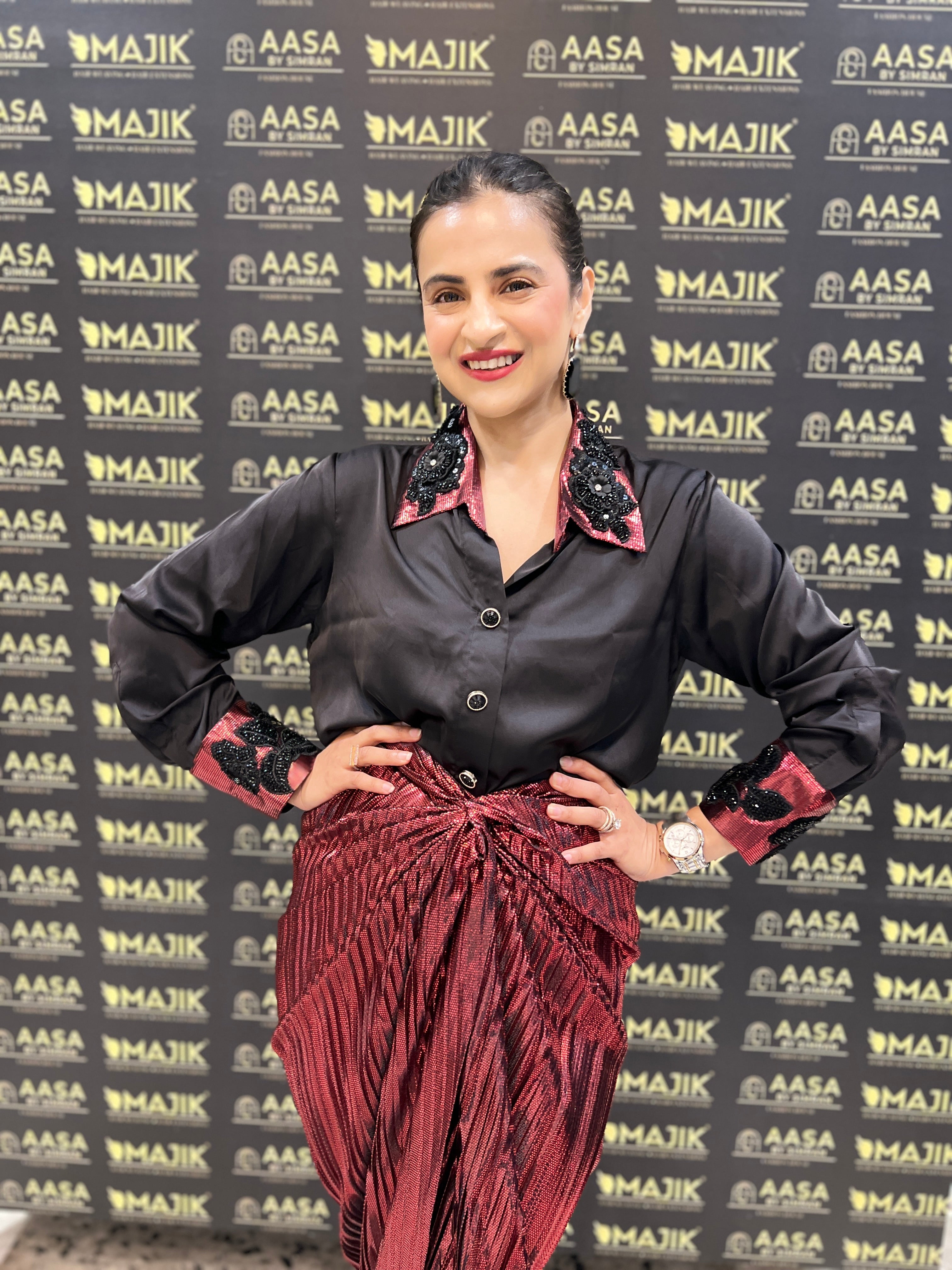 Black satin shirt & red drape skirt set