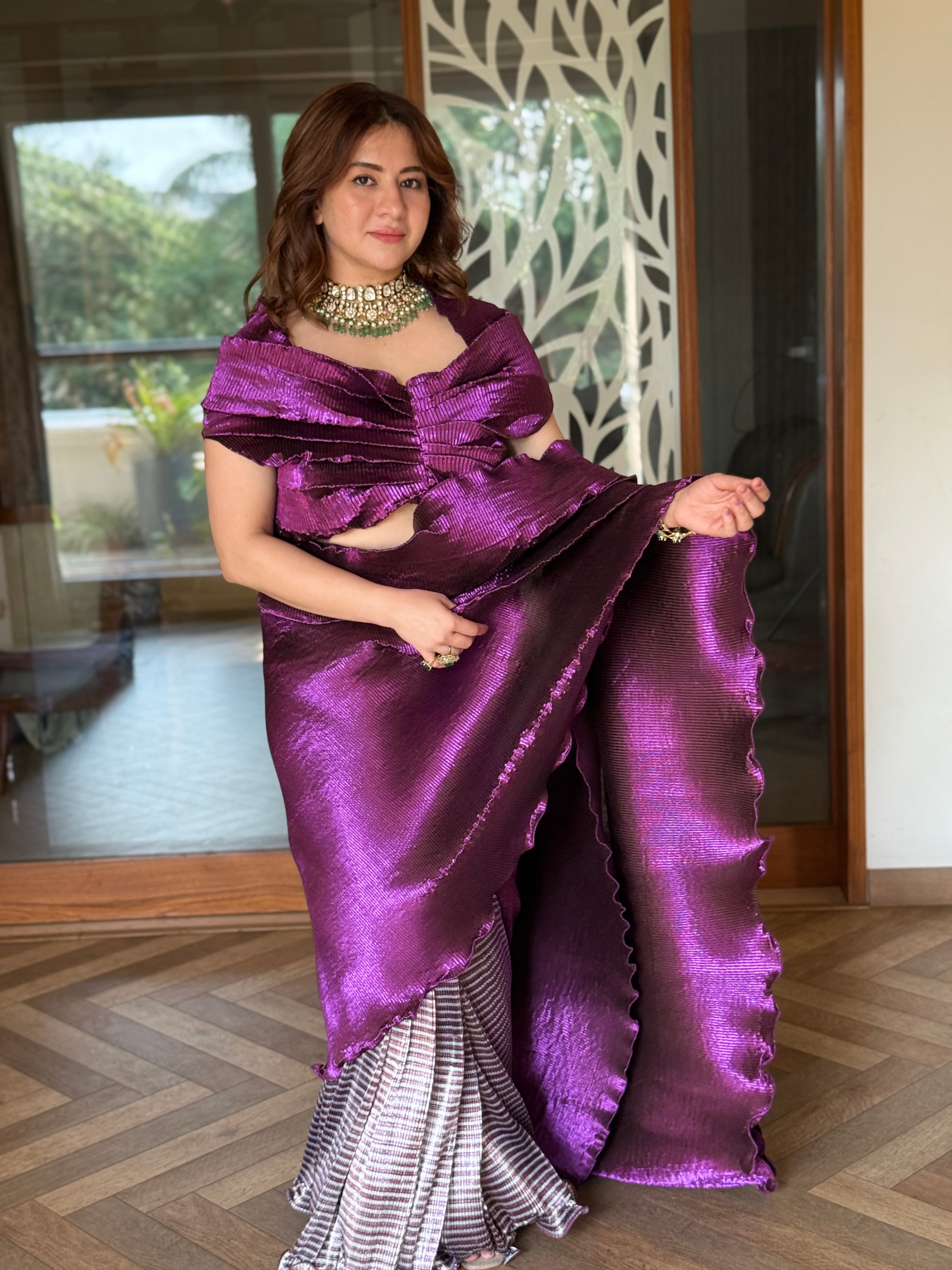Purple Shimmer - Striped Color block Saree