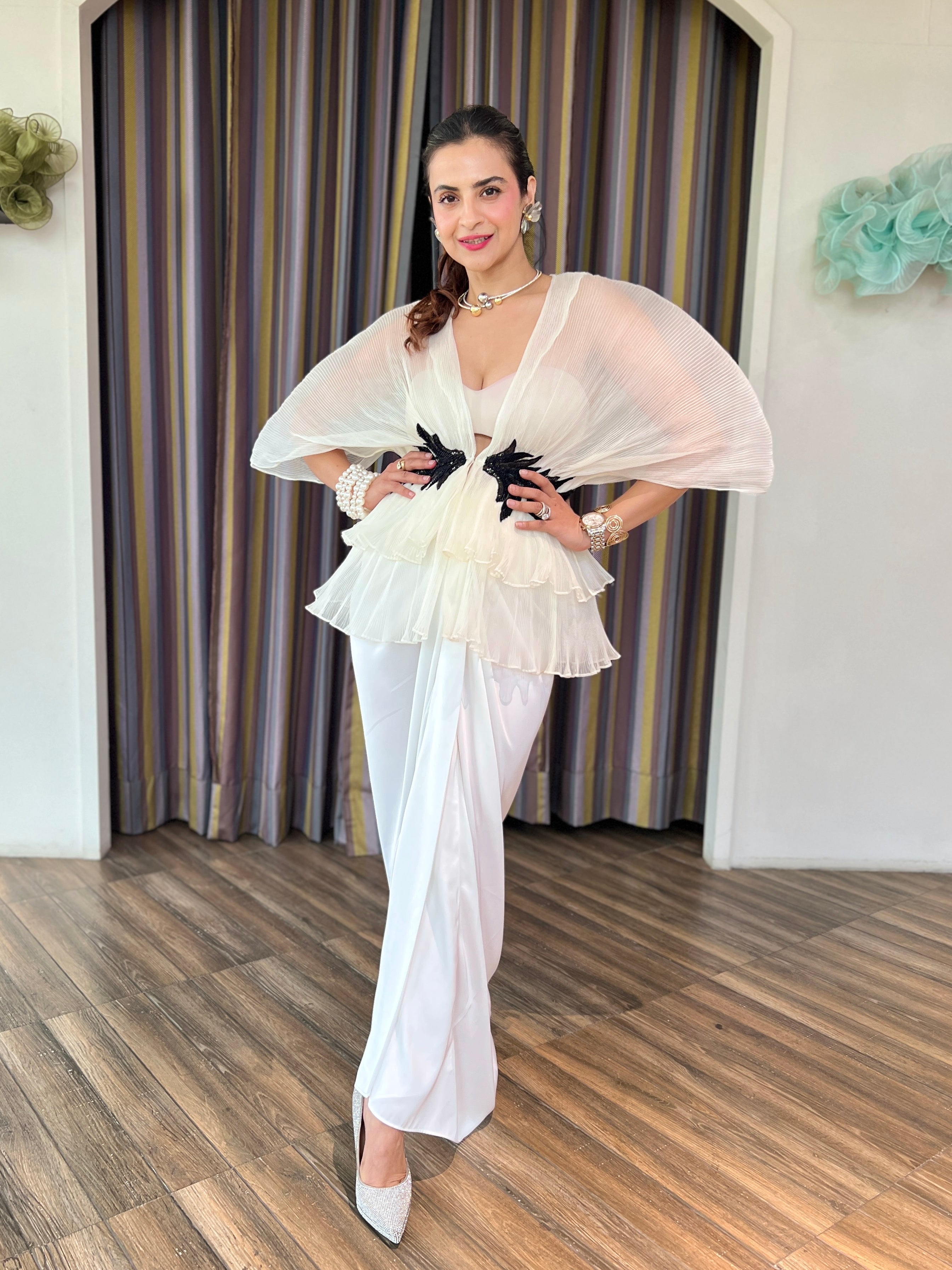 Ivory embroidered layered skirt set