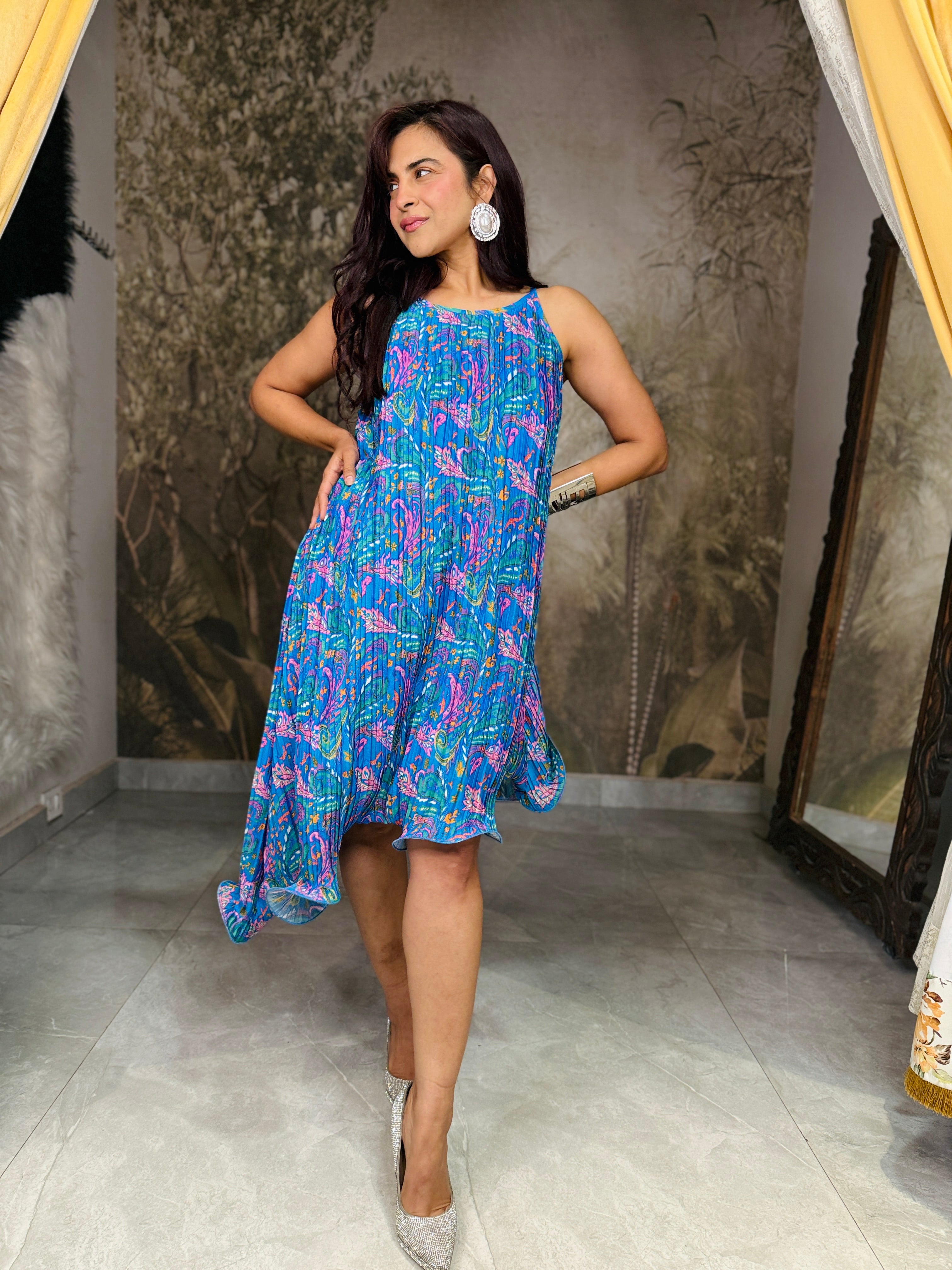 Paisley groove halter neck ruffle dress