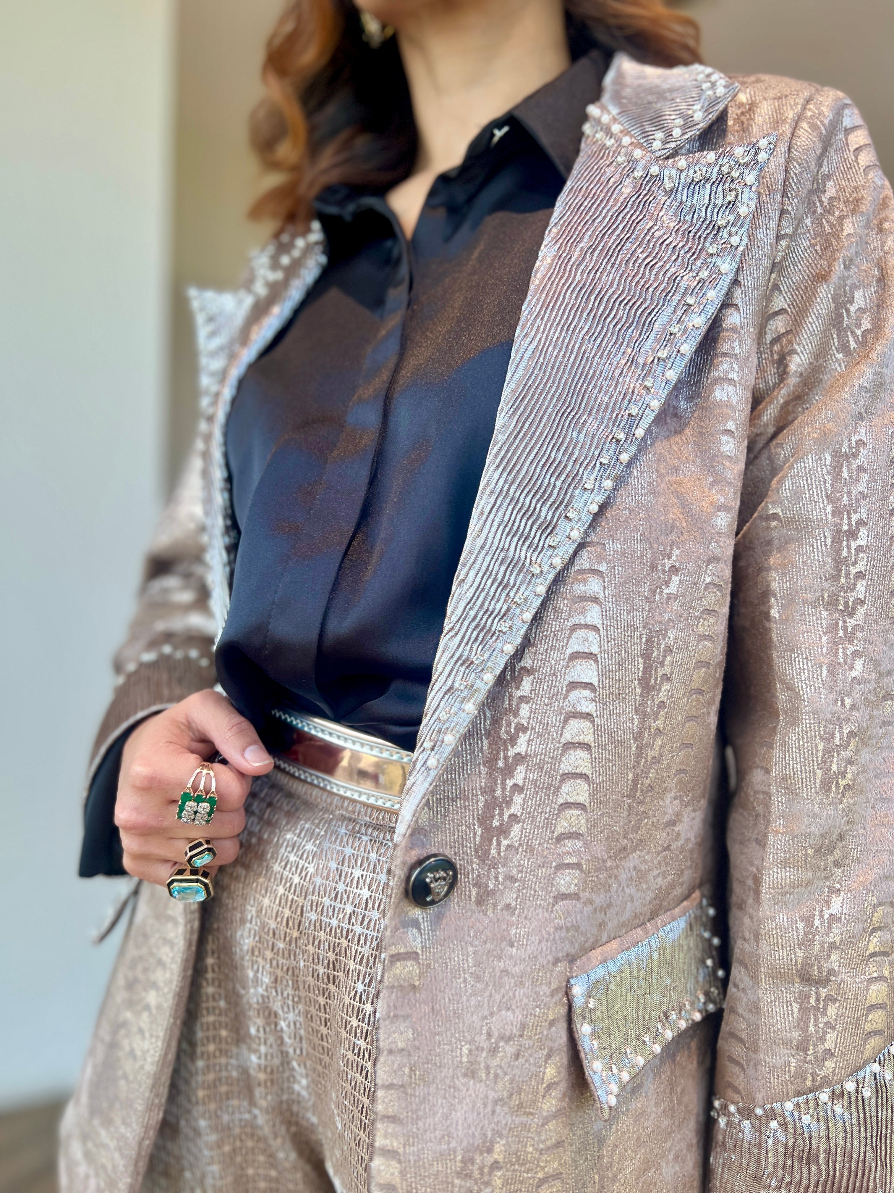 Champagne muse jacquard power blazer set