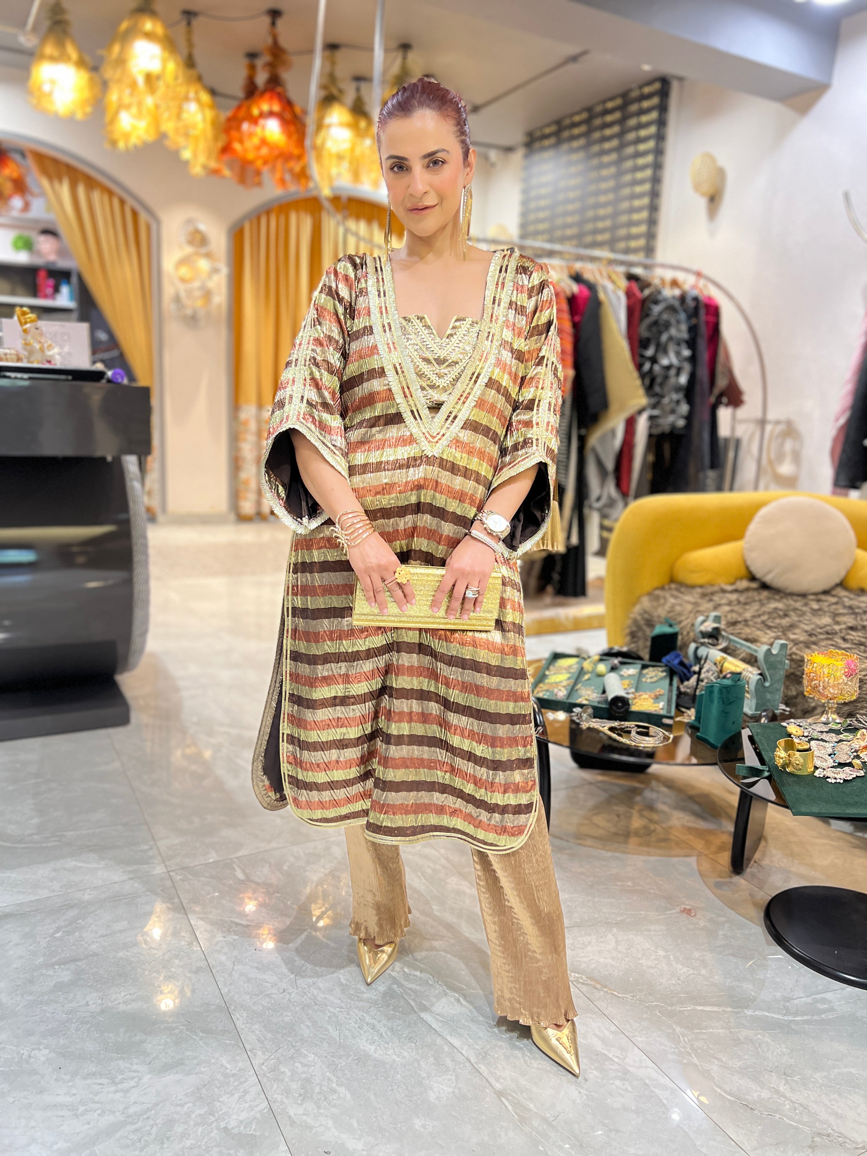 Deep neck antique gold multicolor gota embroidered kurta pants set with earrings