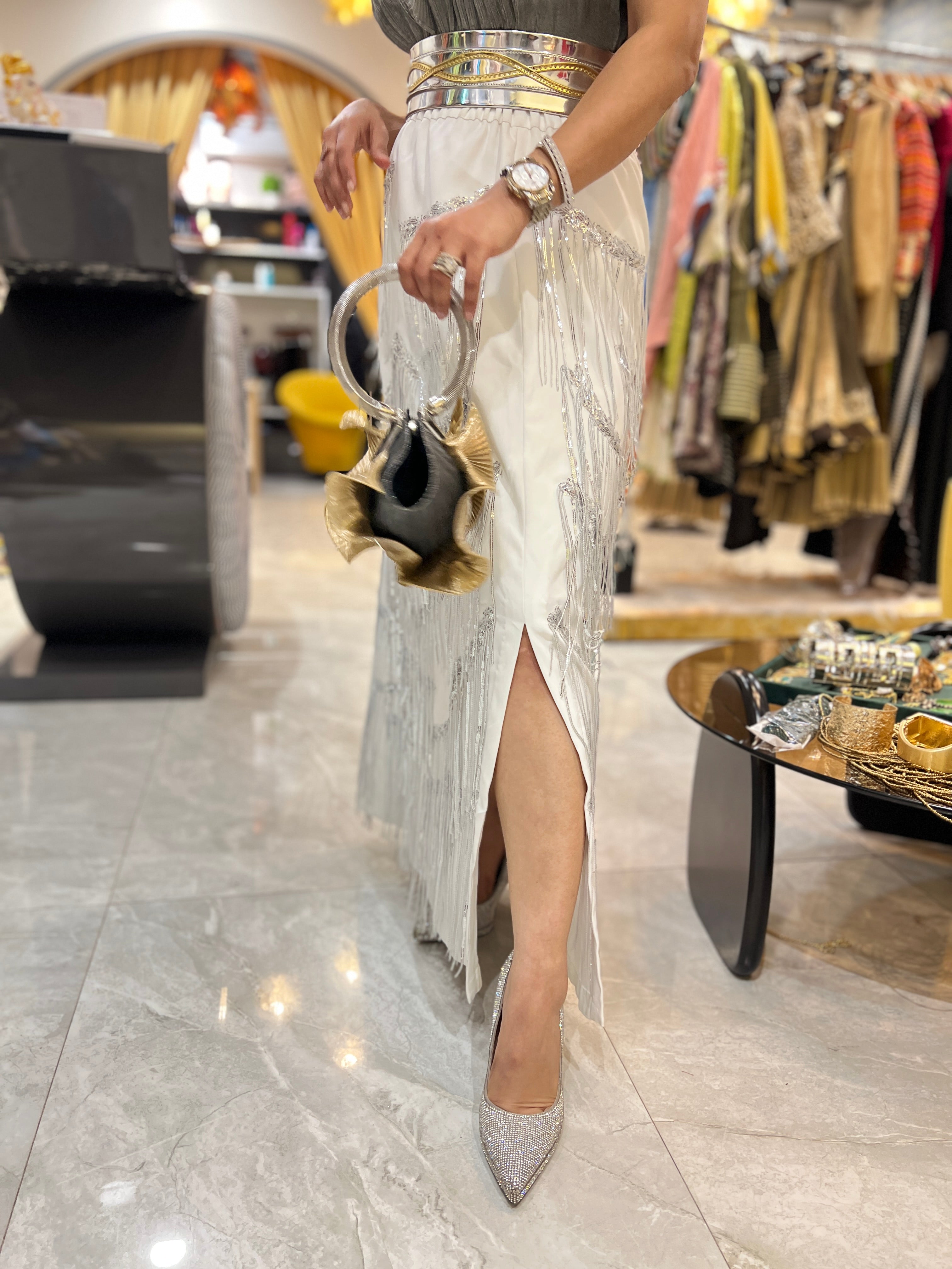 Silver tutu tassel long skirt set