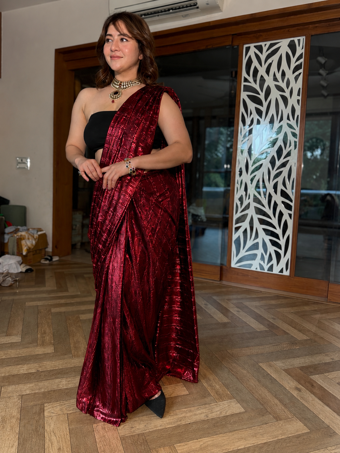 Venetian Red pre-draped saree set