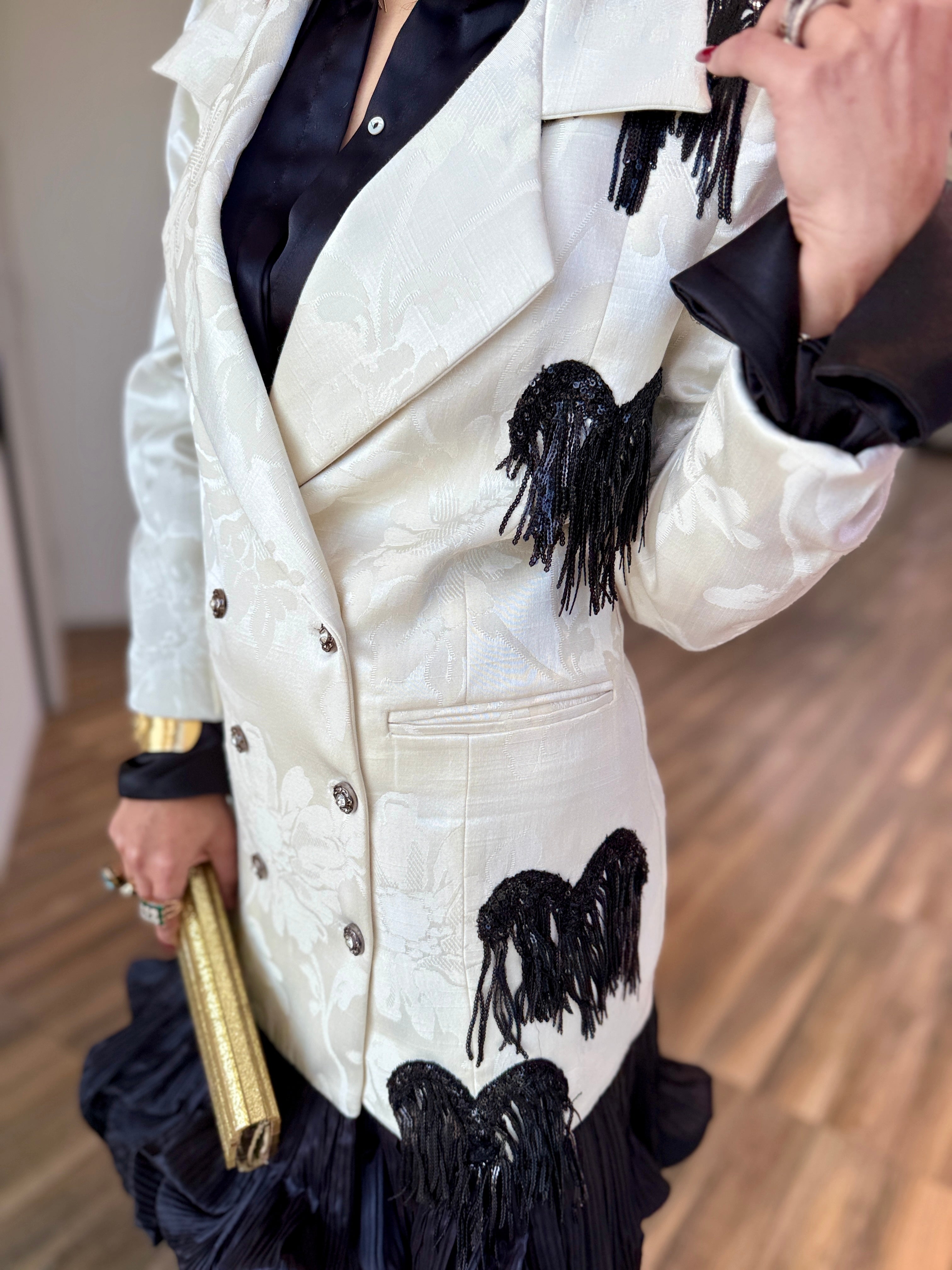 White jacquard tassel ruffle dress