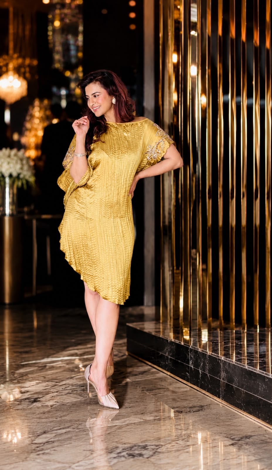 Dripping Gold Embroidered Dress in Golden