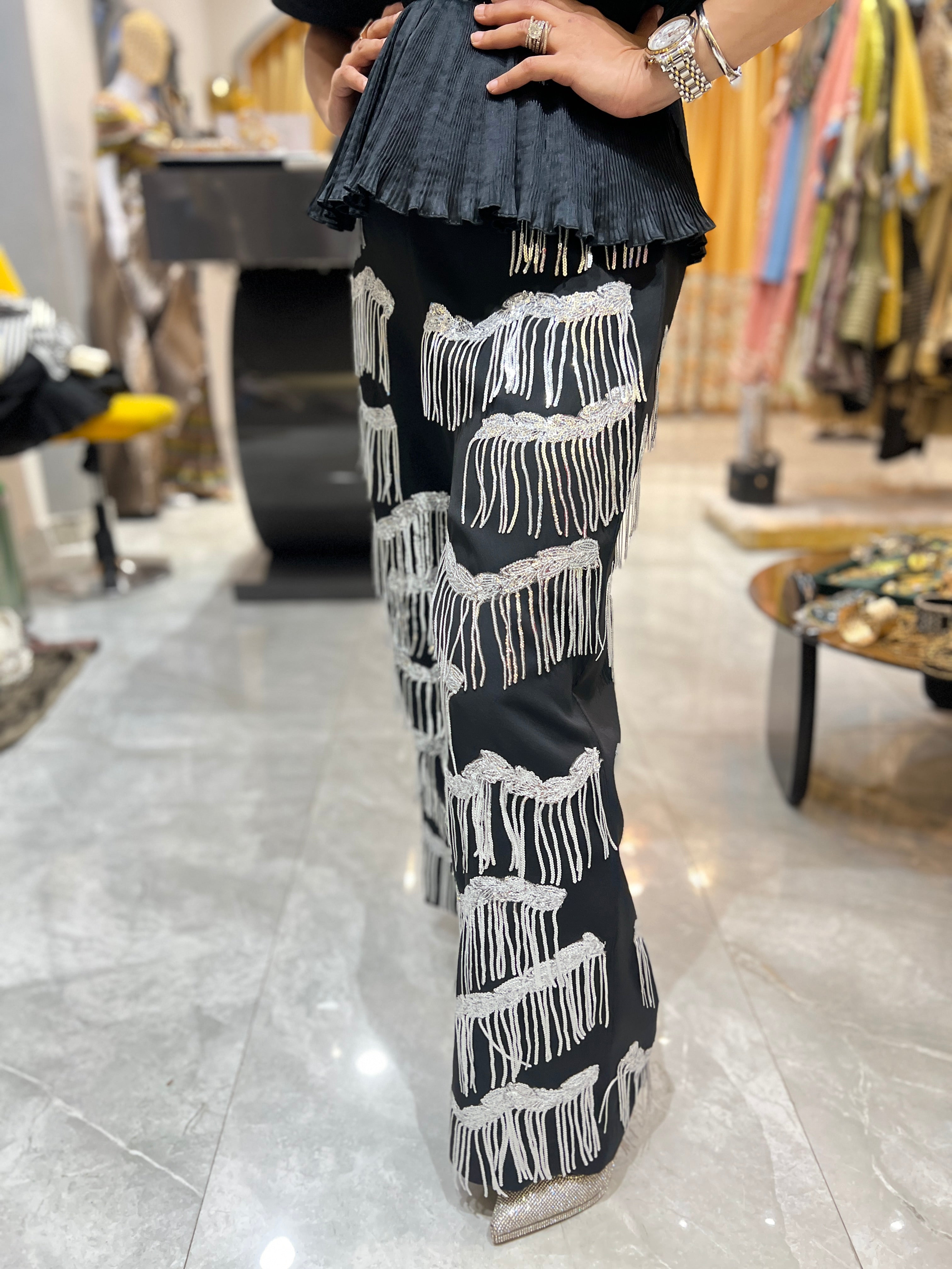 Black moon pants set with silver tassels with beaded cape