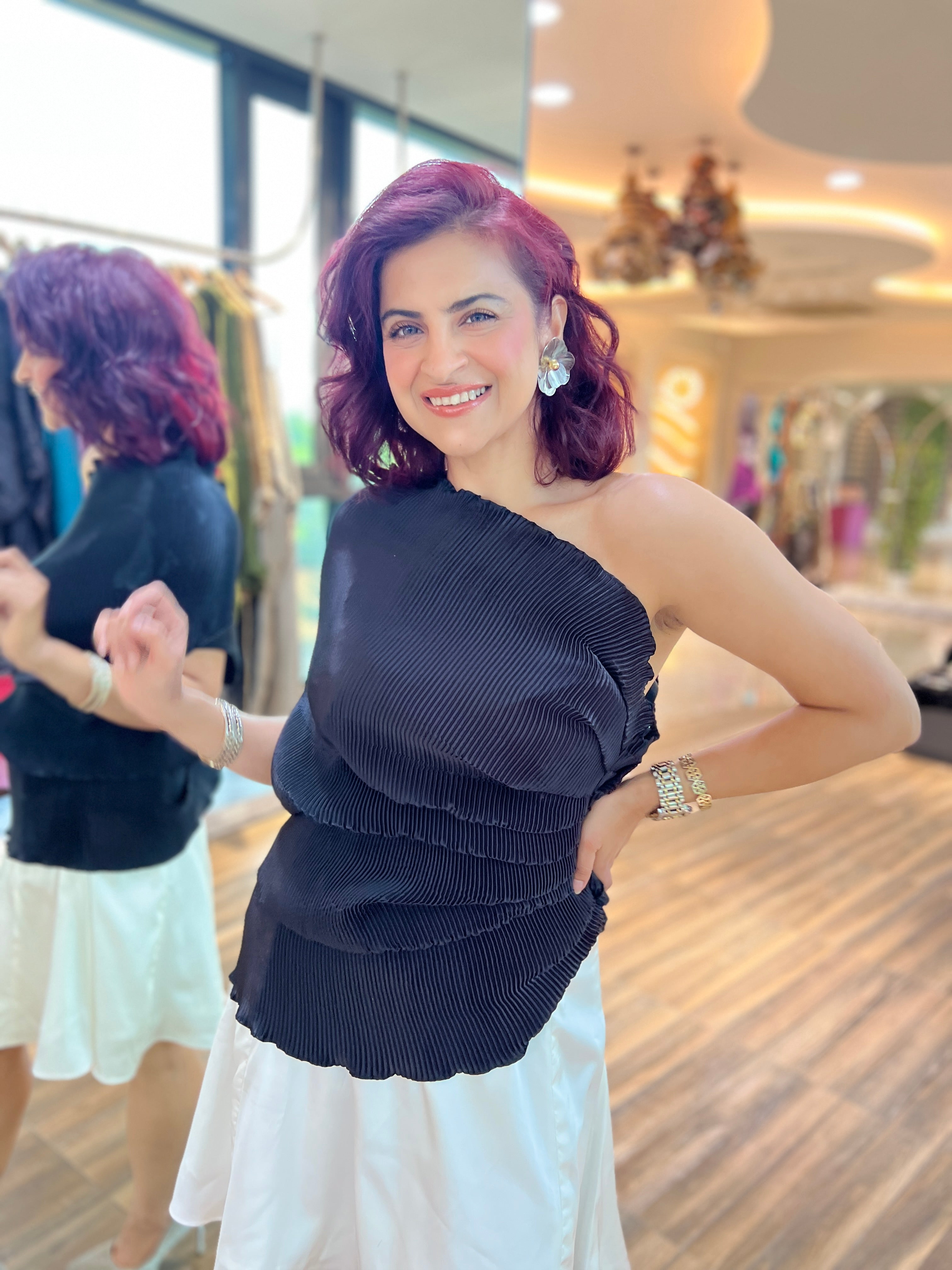 Black satin short multidrape dress