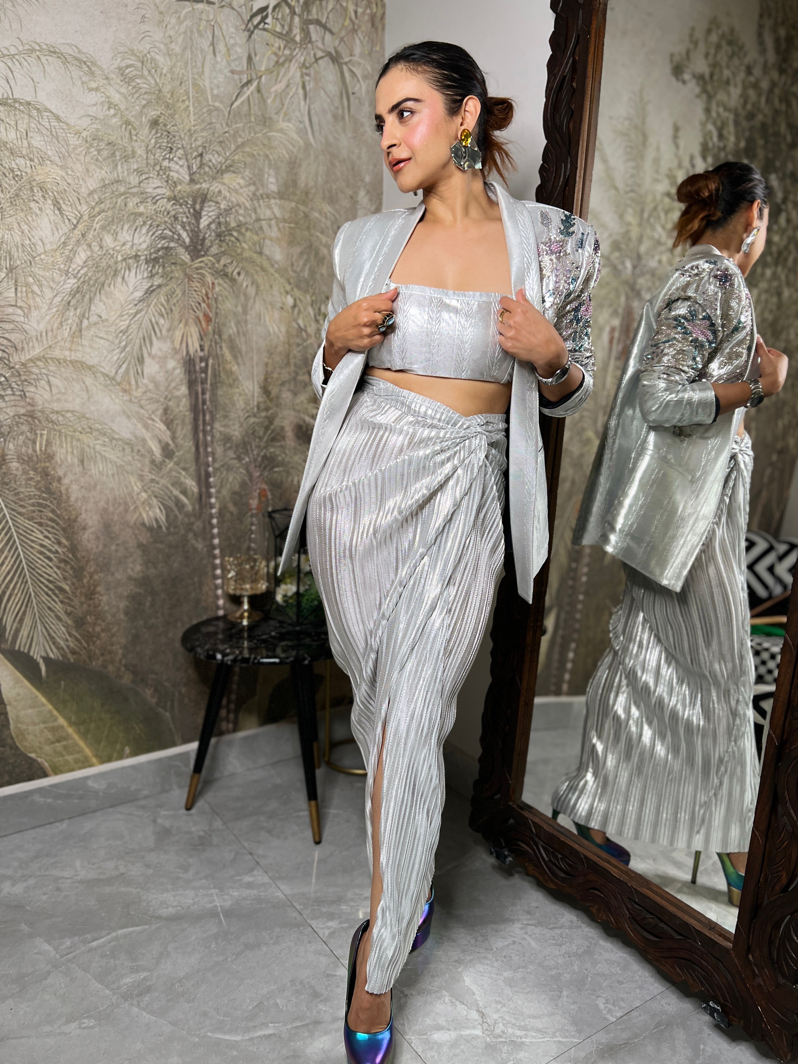 Liquid white silver drape skirt