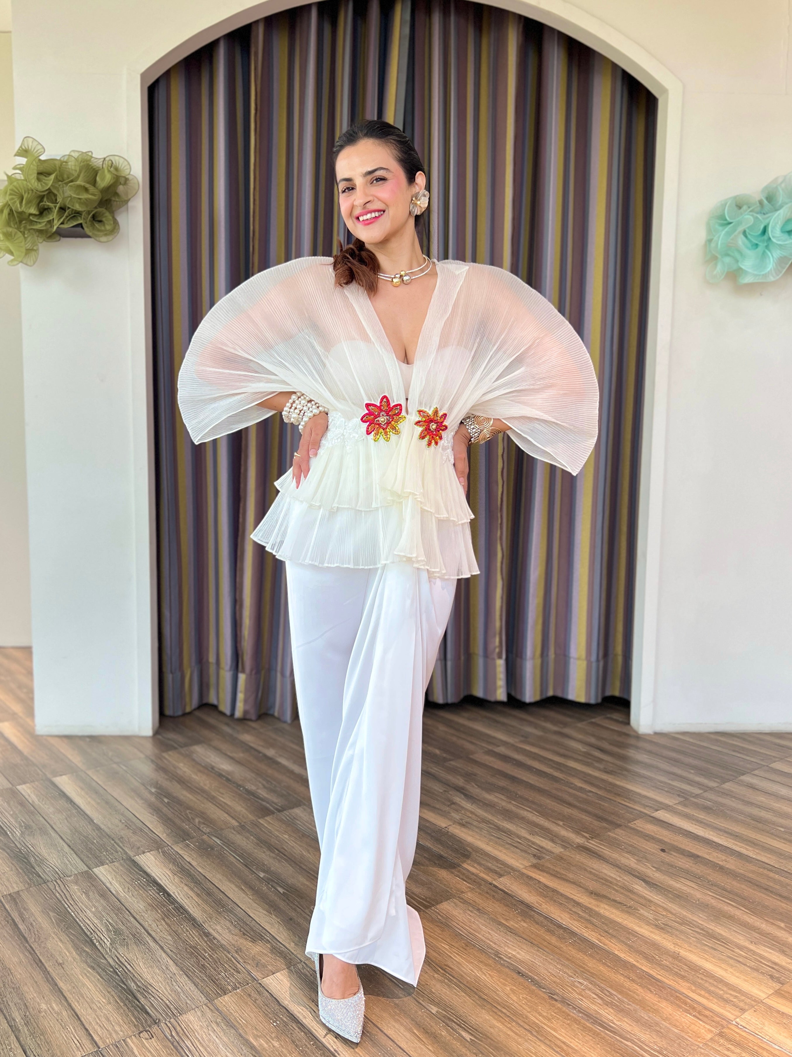 Ivory multi-color embroidered layered skirt set