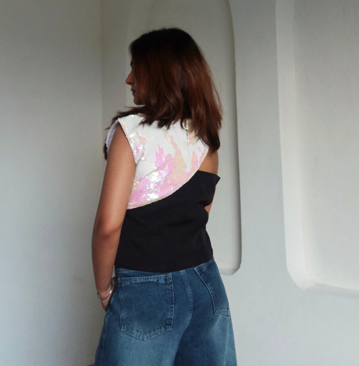 Pearl White Sequin Drape Top
