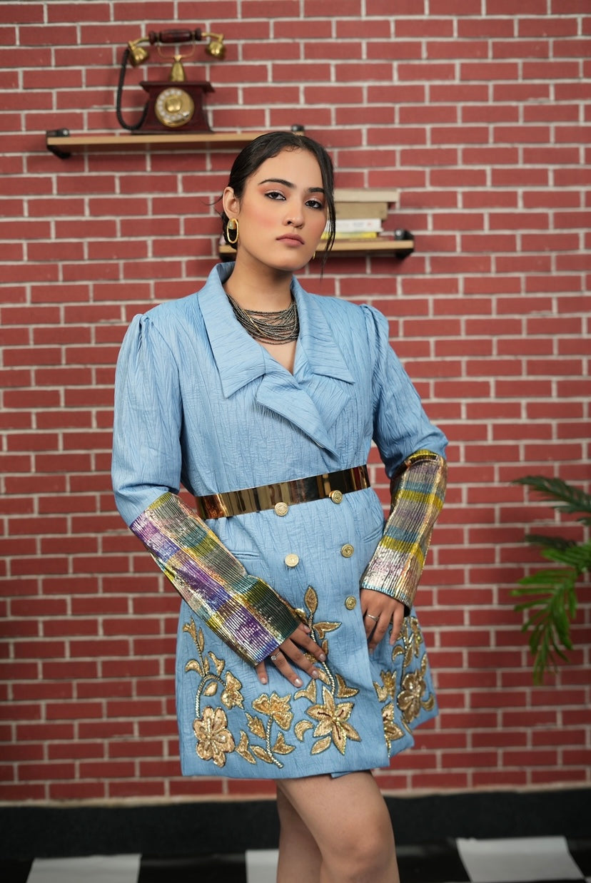 Azure Embroidered Blazer Dress in Blue