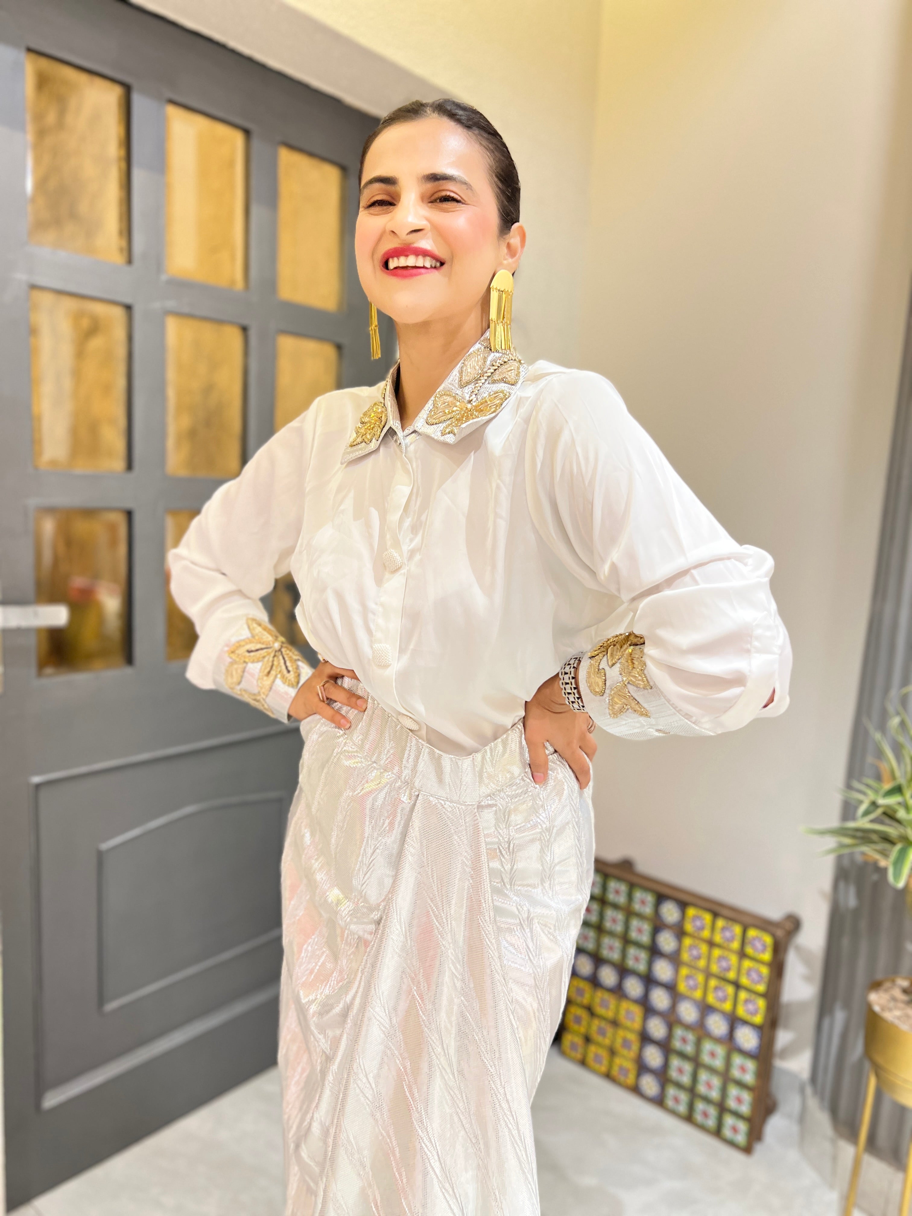 White satin shirt & drape skirt set