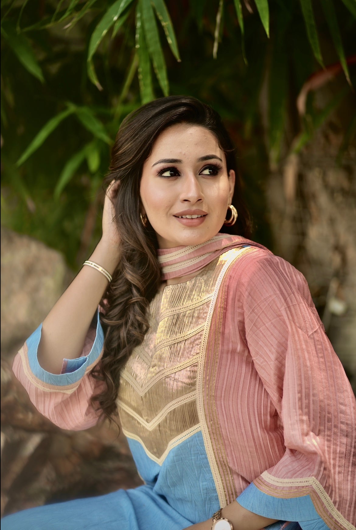 Denim blue peach farsi salwar set