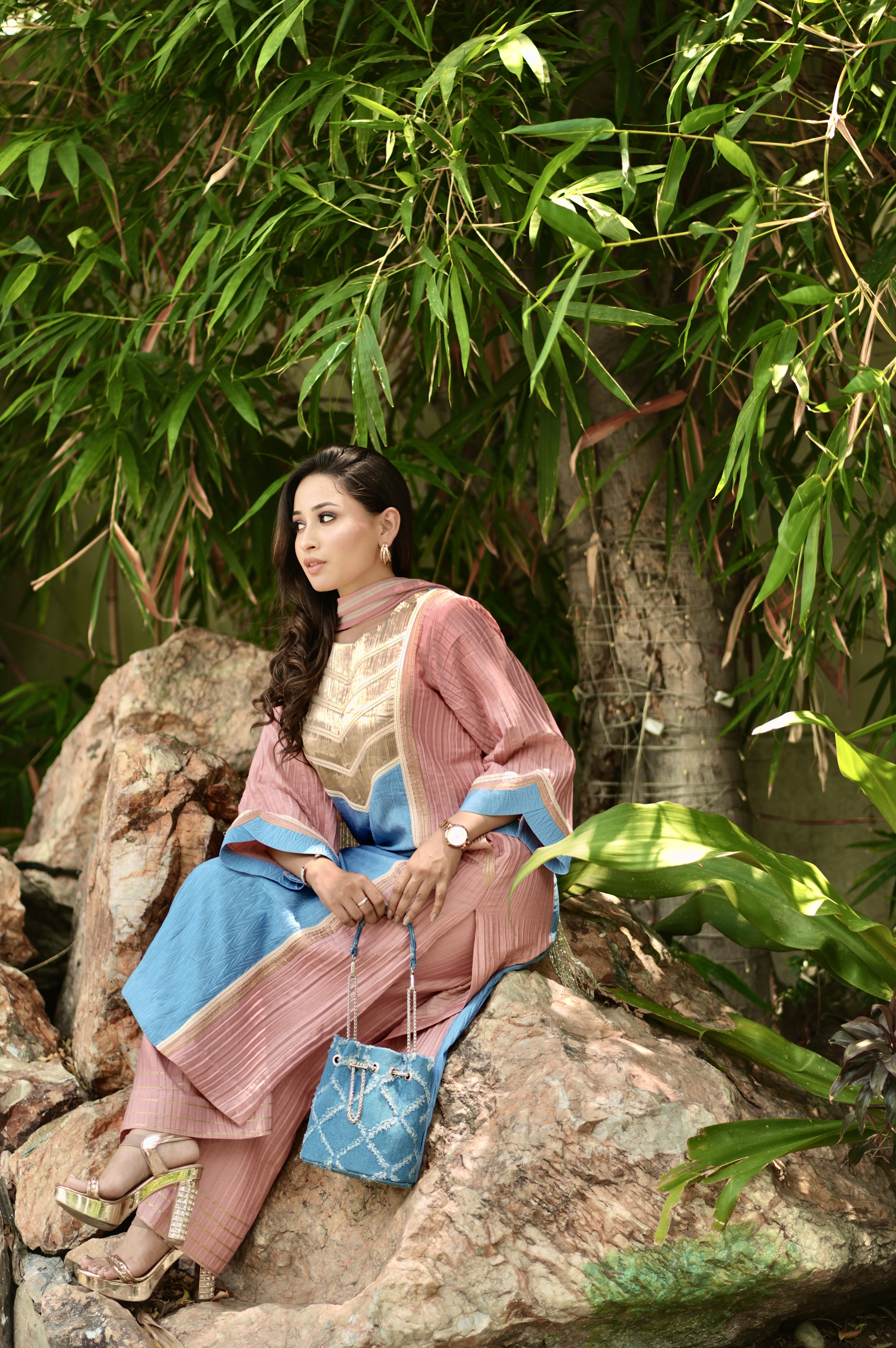 Denim blue peach farsi salwar set