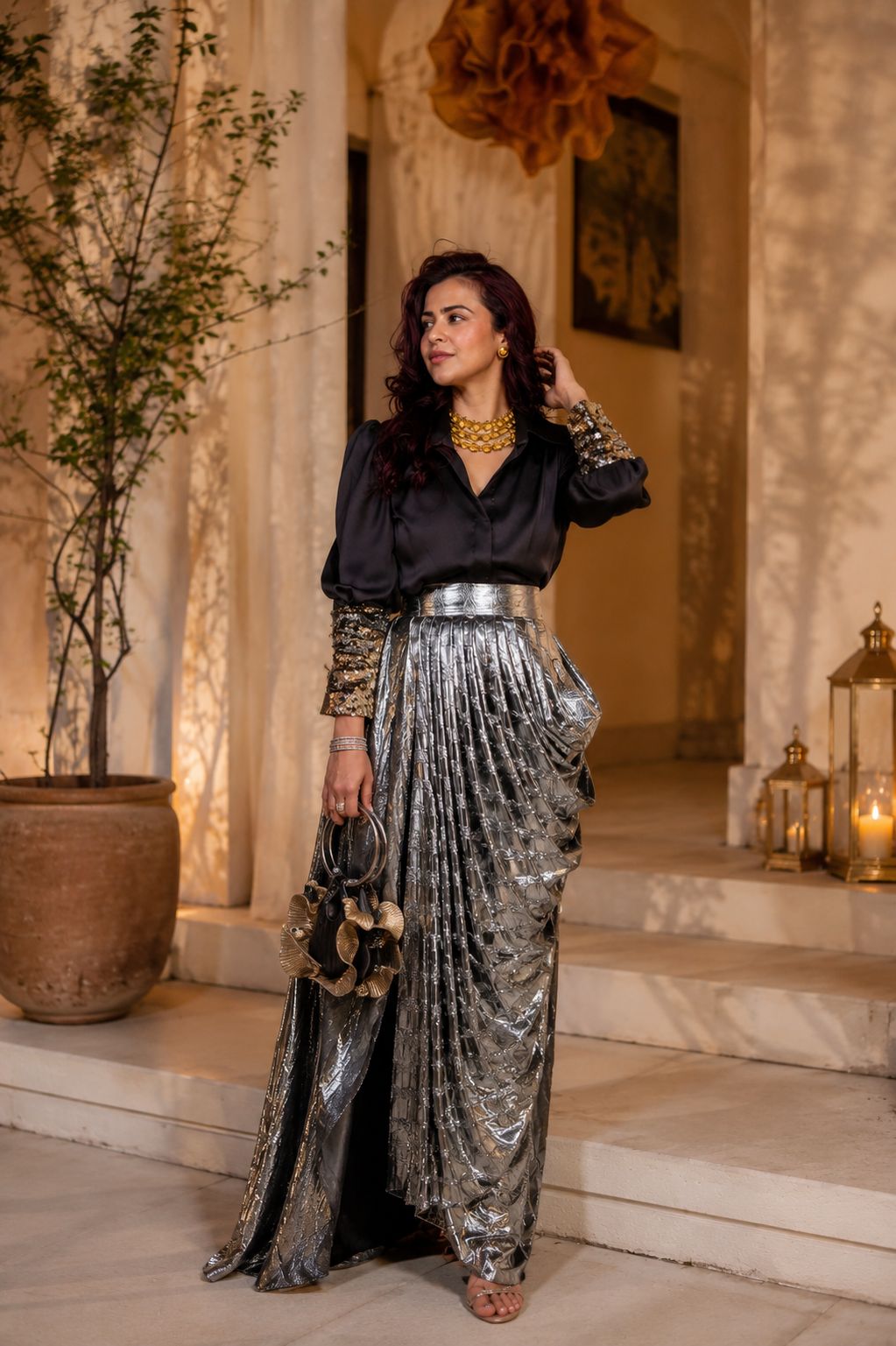 Black Armani shirt with Silver foil cowl skirt