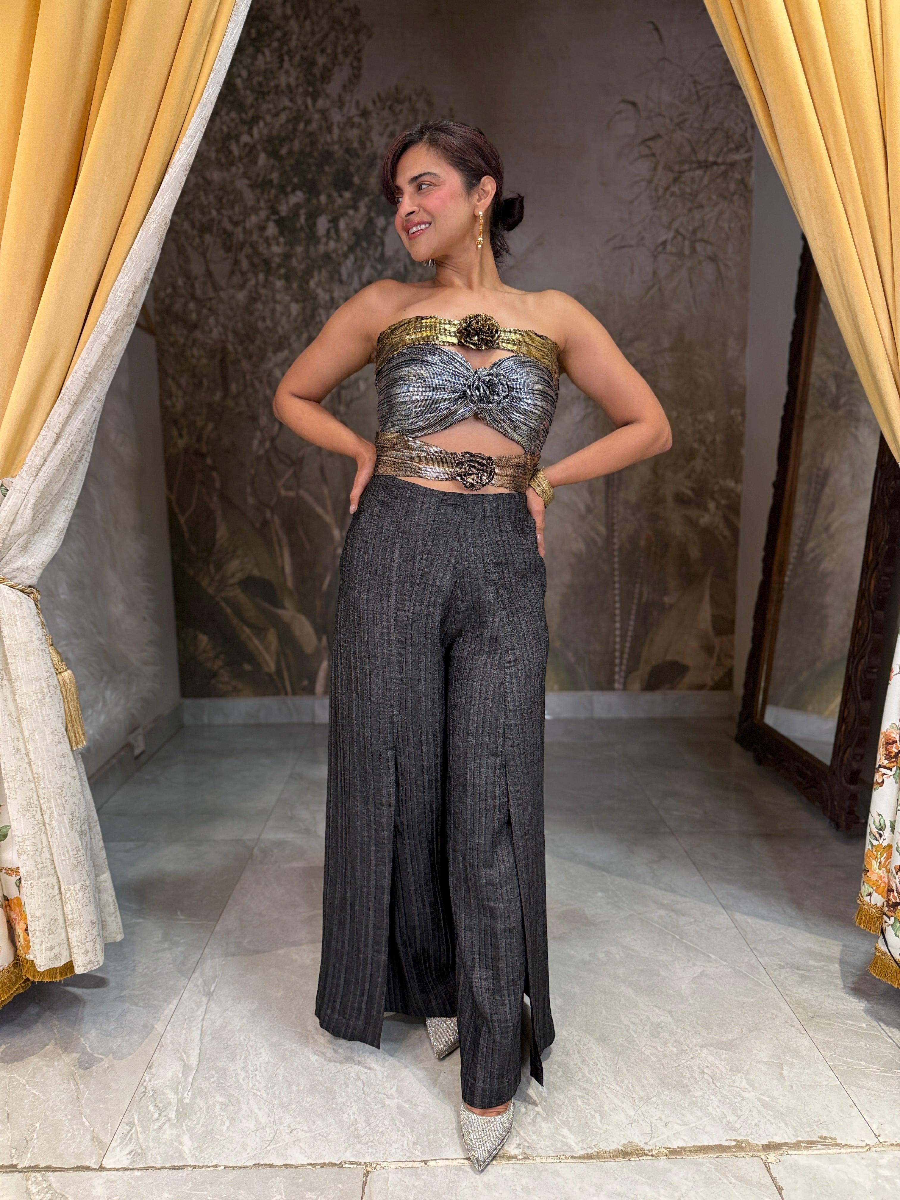 Foil jumpsuit with denim