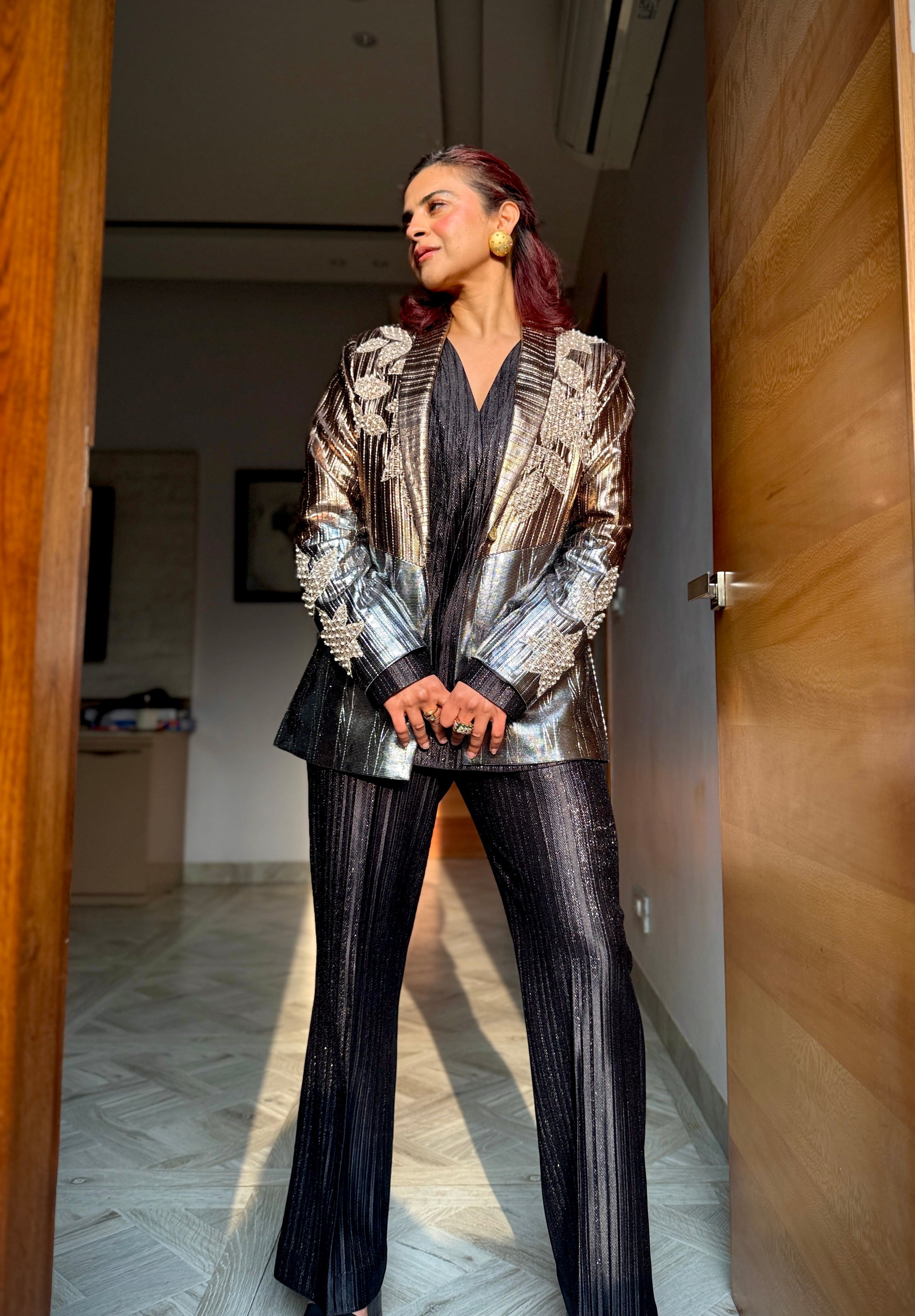 Argent Ember Power Blazer Pants set in Copper silver and black