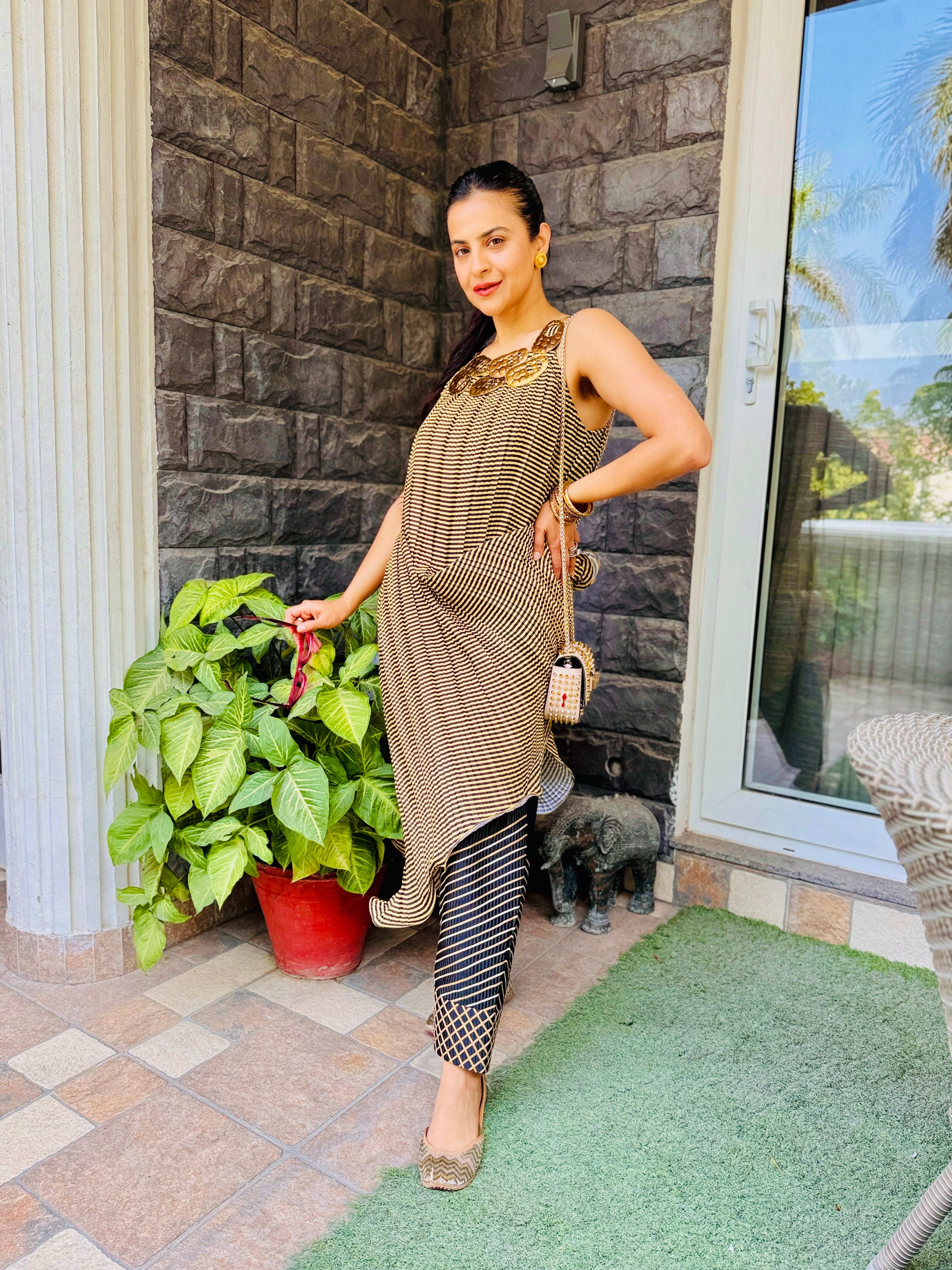 Yellow Stripe Metal Embellished Kurta