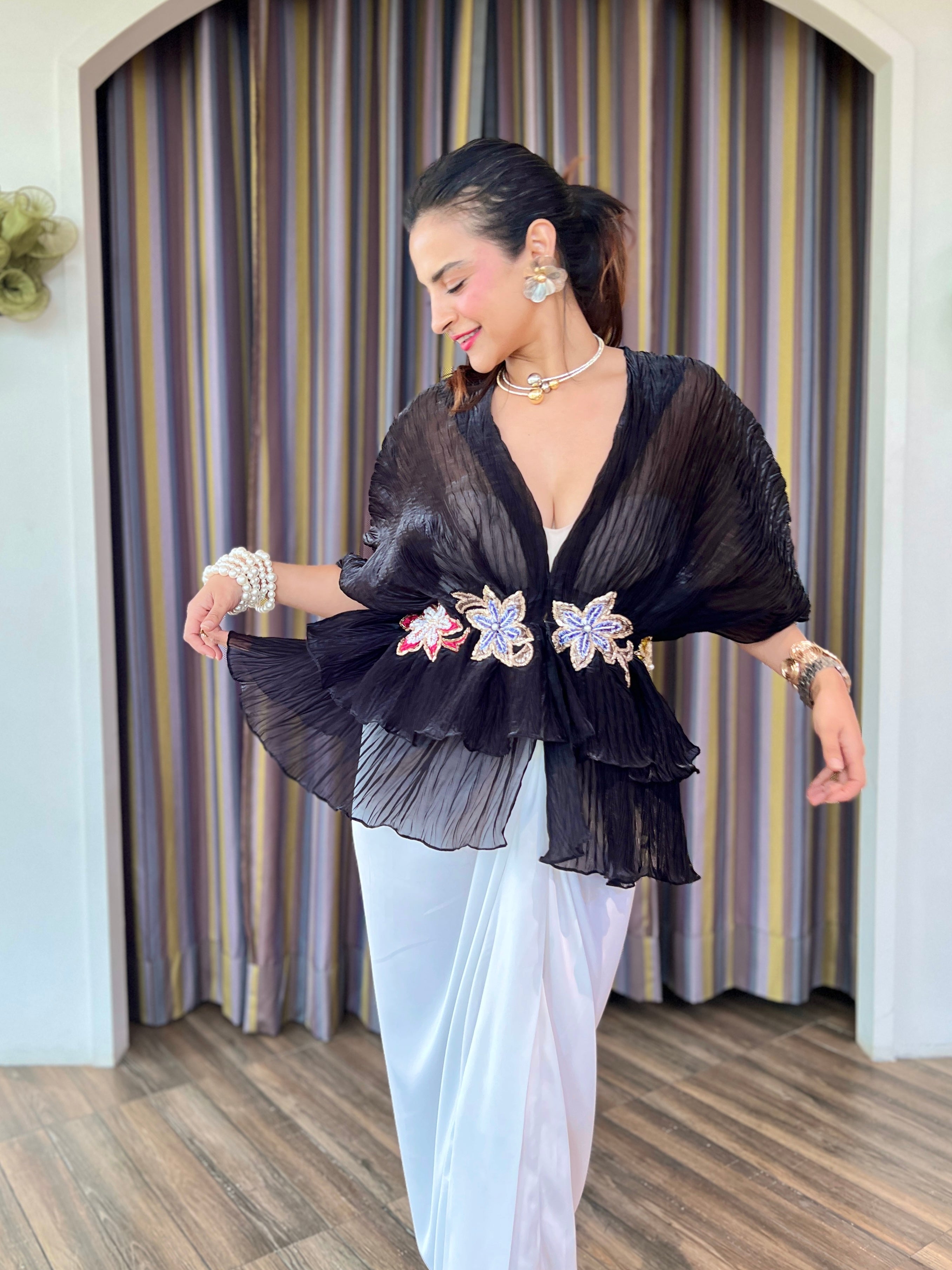 Black embroidered layered skirt set