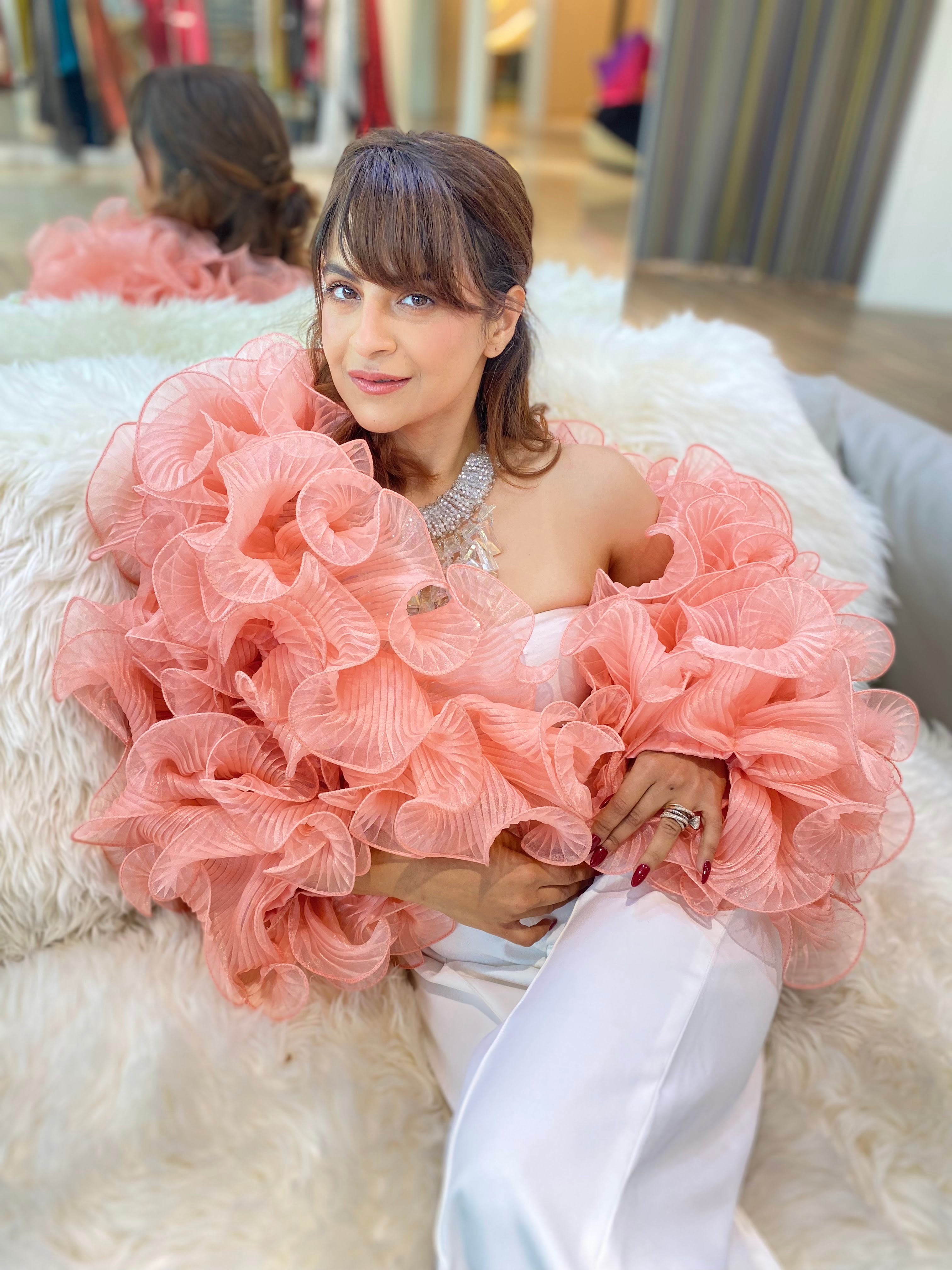 Coral Current Ruffle Cape in Peach