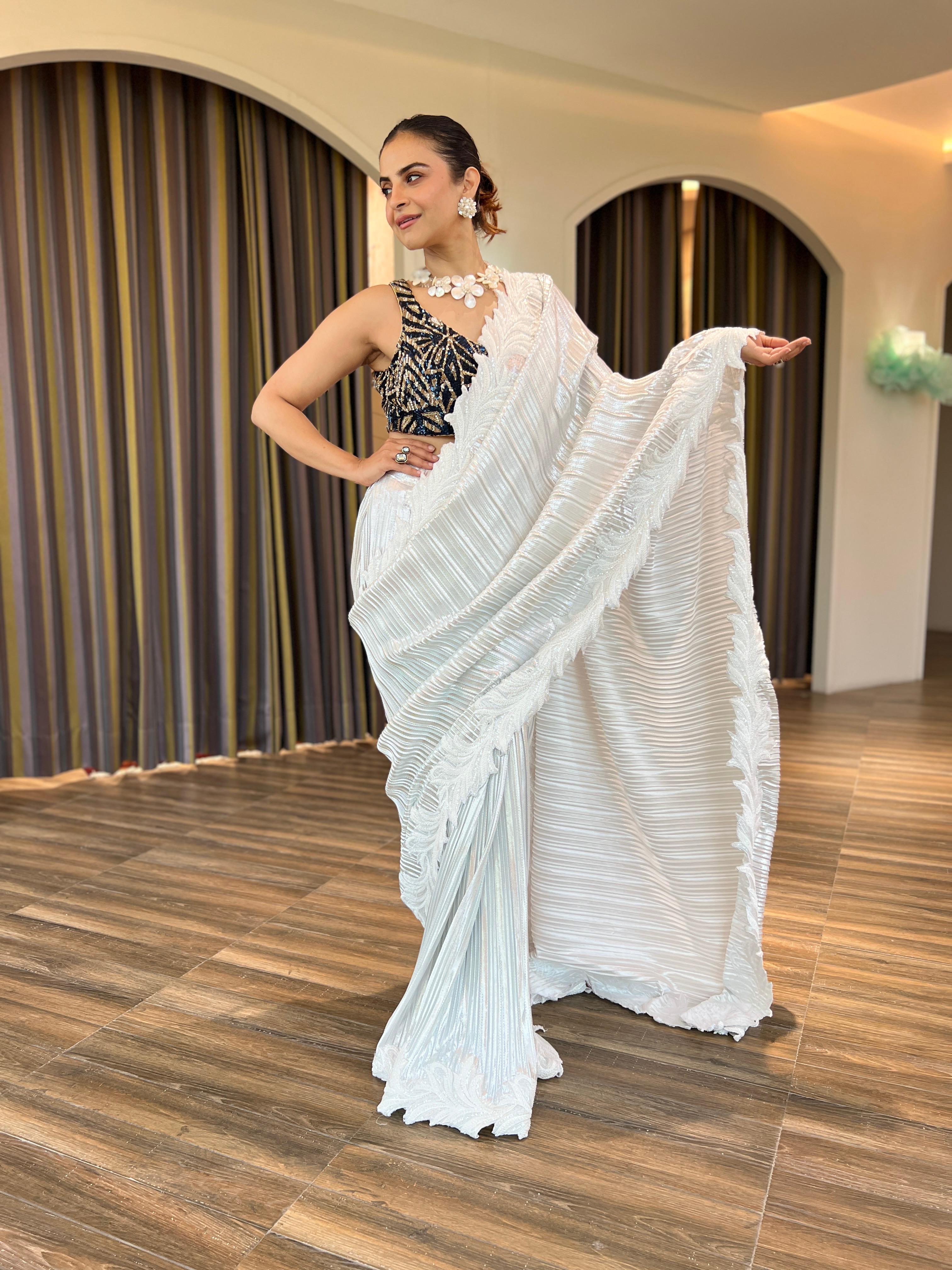 Pearl white embroidered Saree with Zardosi Blouse