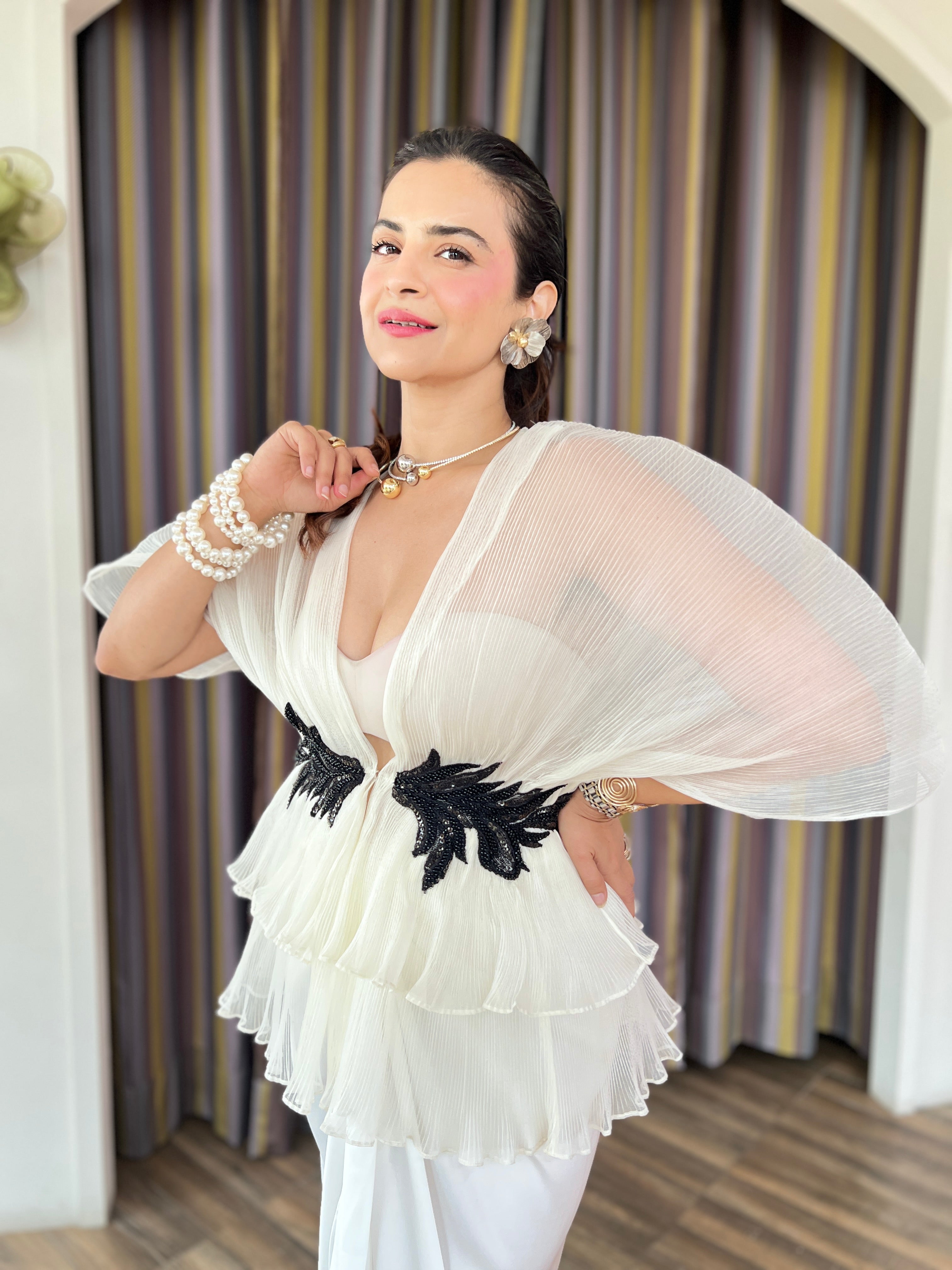 Ivory embroidered layered skirt set