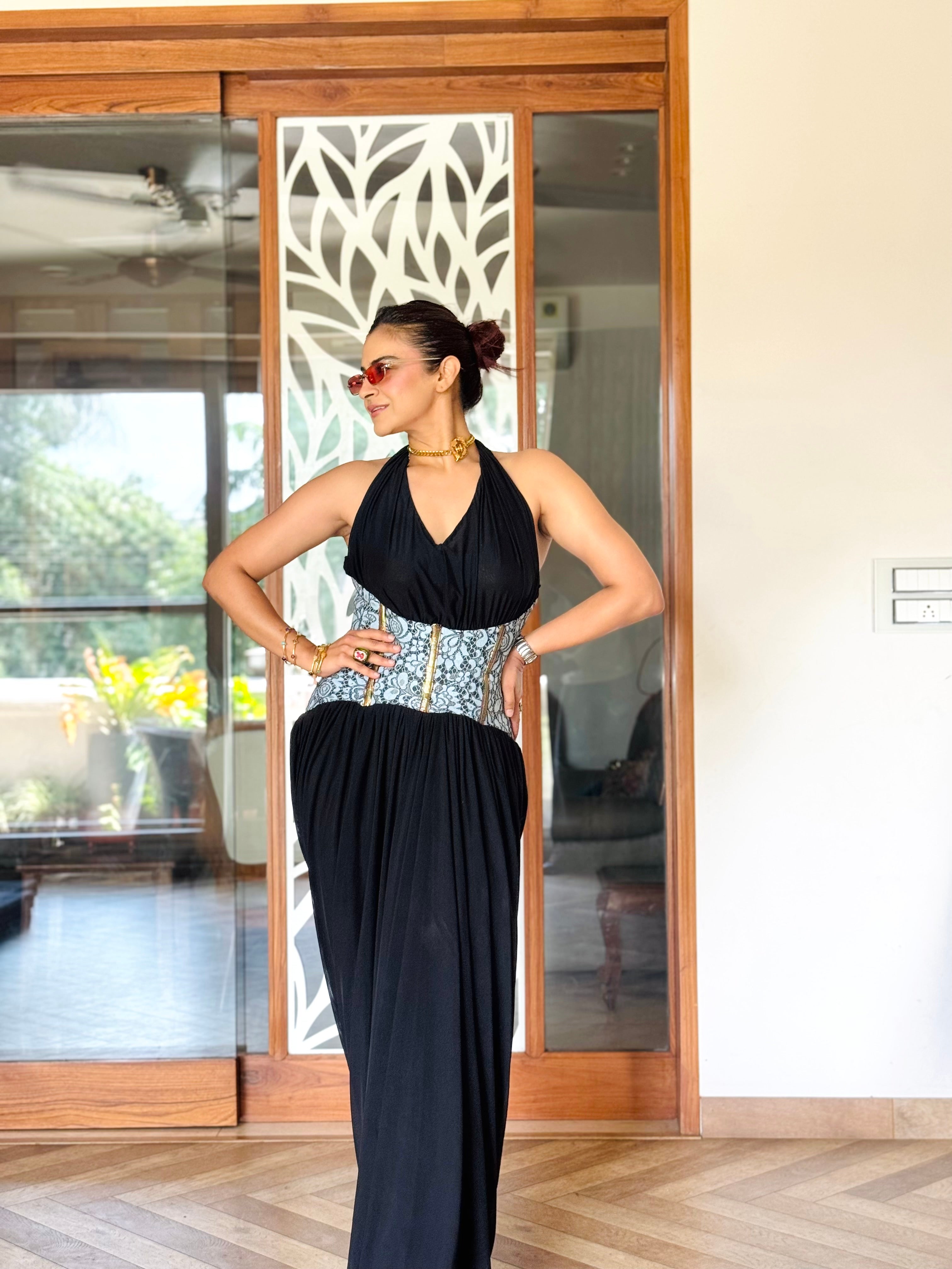 Black v neck Lycra corset gown