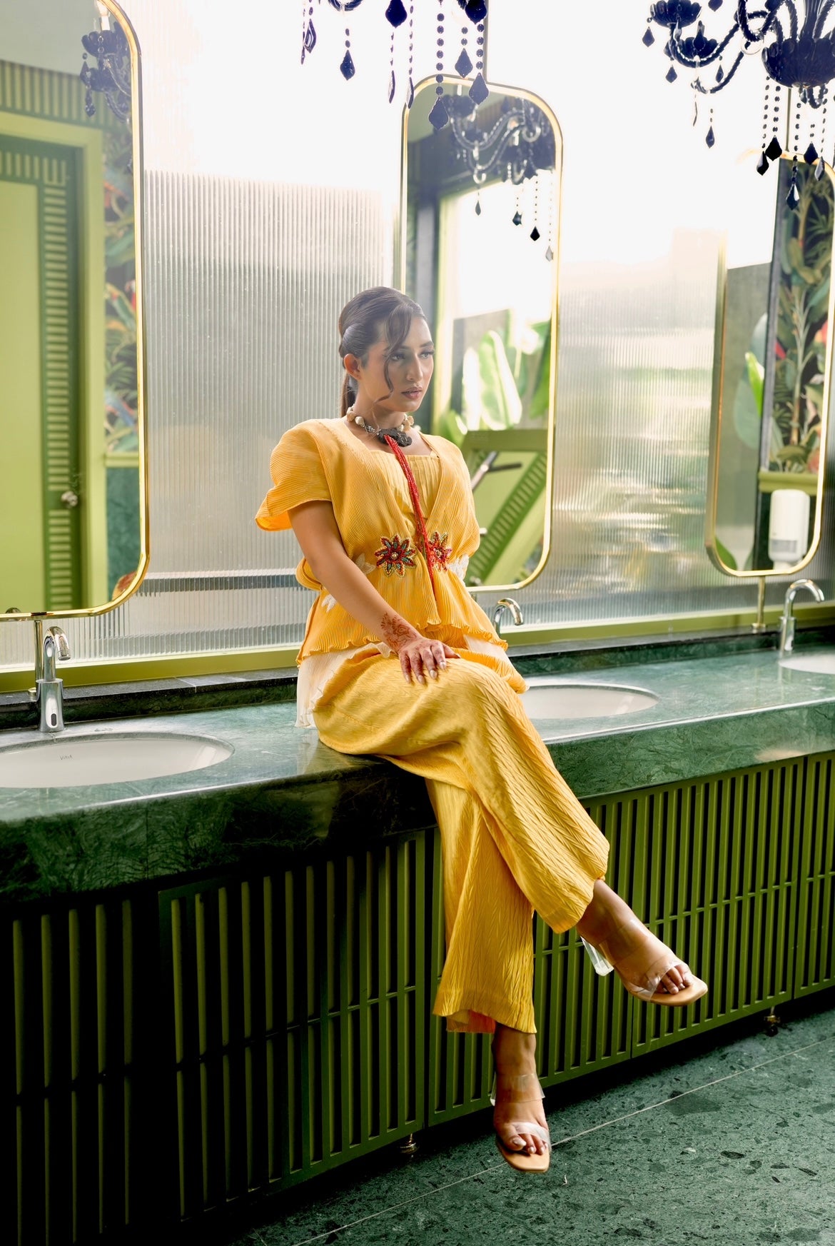 Yellow embroidered layered pants set