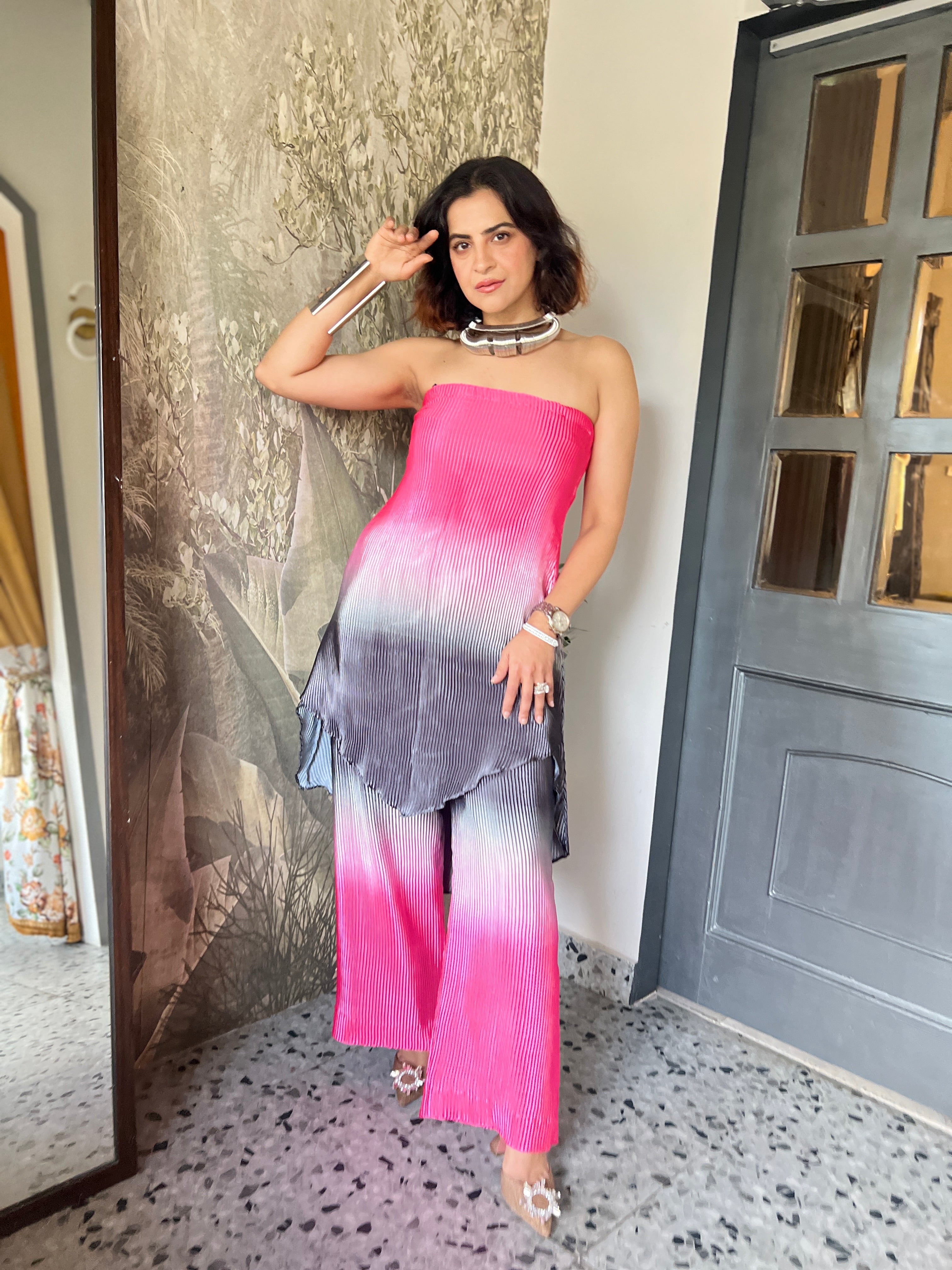 Pink black ombré layered pants set
